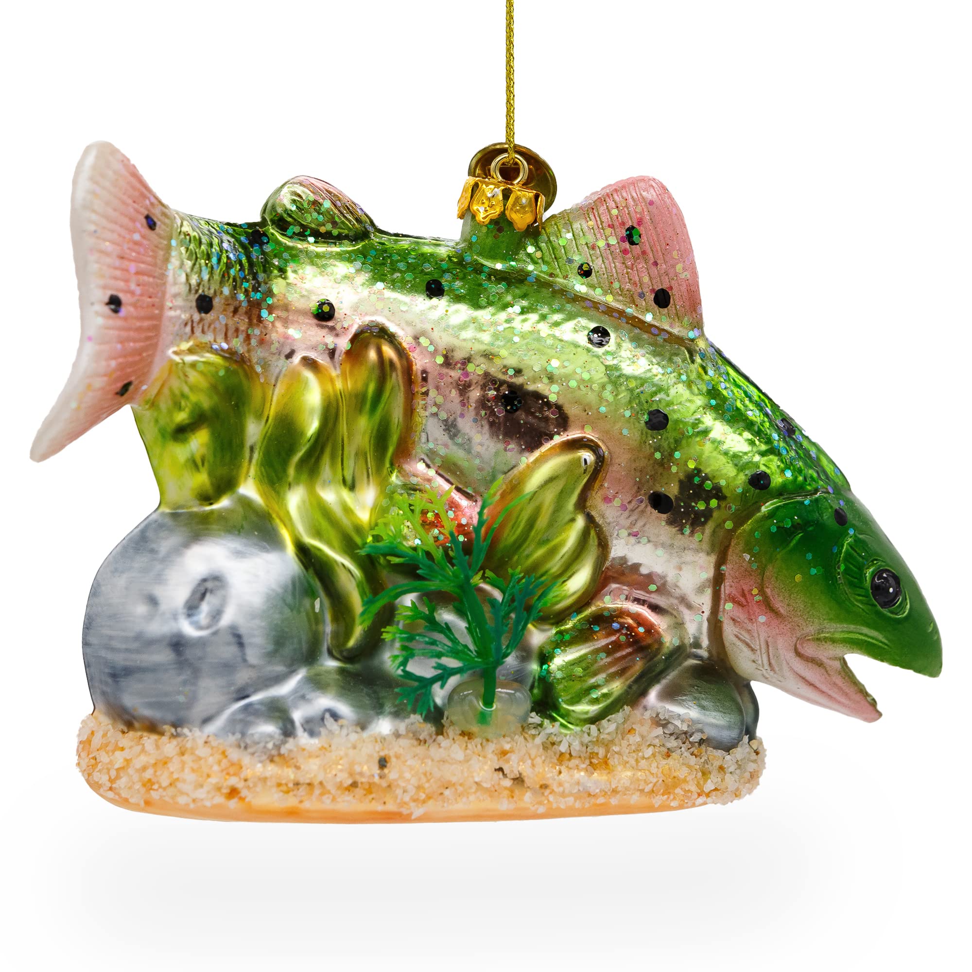 Décoration de Noël en verre poisson saumon et algues vertes