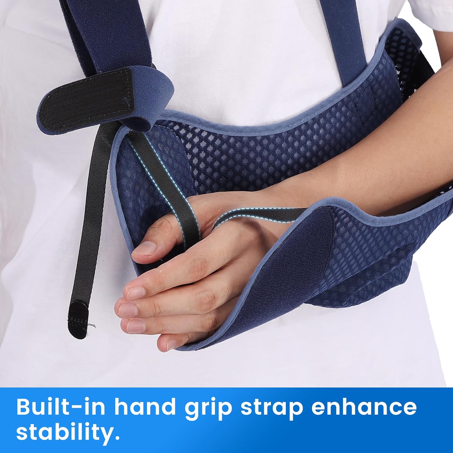 Velpeau Arm Sling Shoulder Immobilizer with Waist Strap, Ventilated & Breathable Design, Arm Support Brace for Shoulder, Rotator Cuff, Elbow, Hand injury (Mesh Version, Blue, Right, M: Bust 28.5-41″) - Image 5