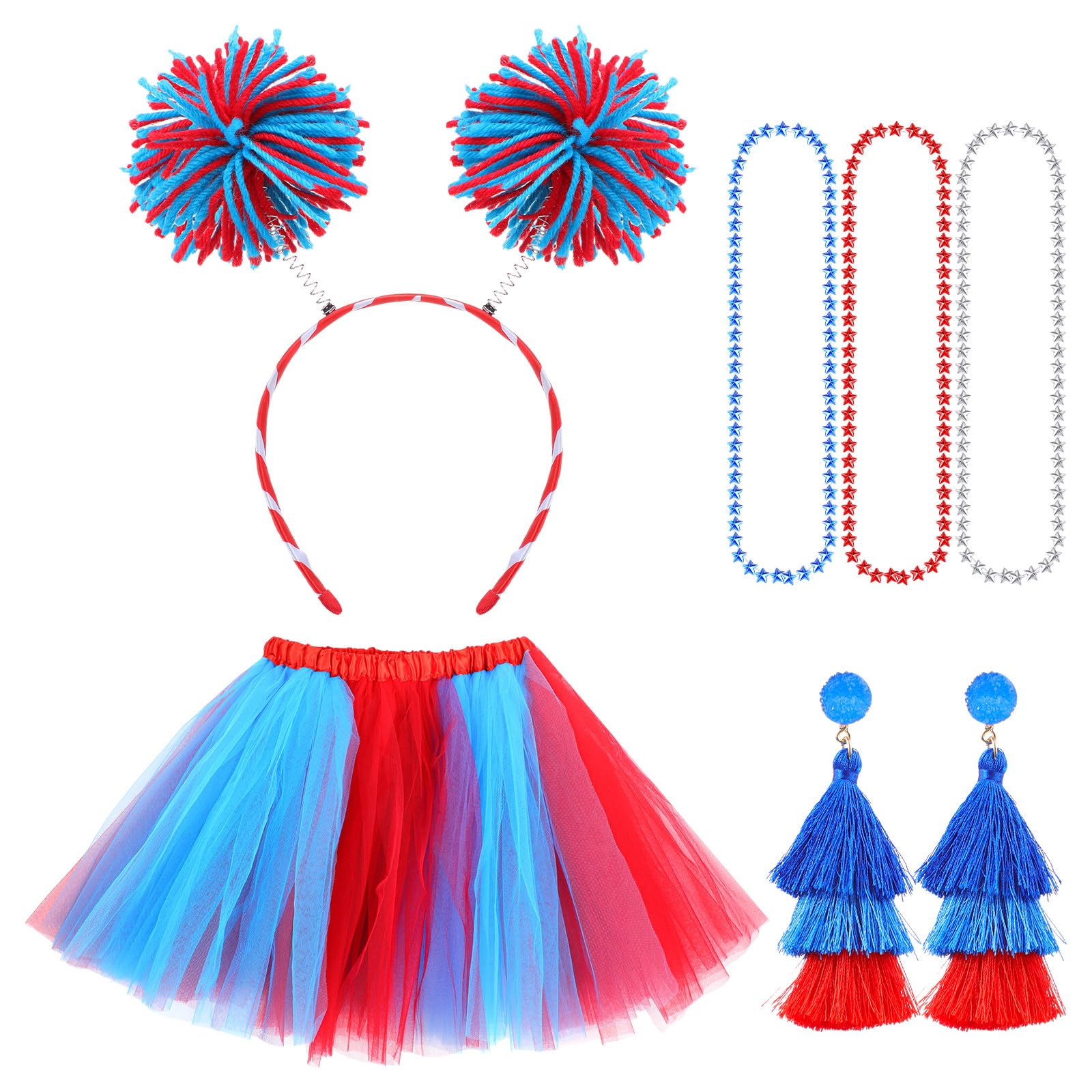 Hicarer Tutu Accessories Set 80s Women Costume Accessories Set Red White Blue Tutu Pom Pom Headband Necklaces Tassel Earring