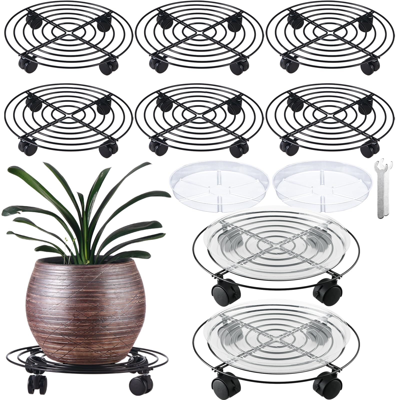 KvyusFlourish 8 Packs Large Metal Plant Caddy with Wheels 14" Rolling Plant Stands Heavy-Duty Wrought Iron Plant Roller Base Pot Movers Plant Saucer on Wheels Black