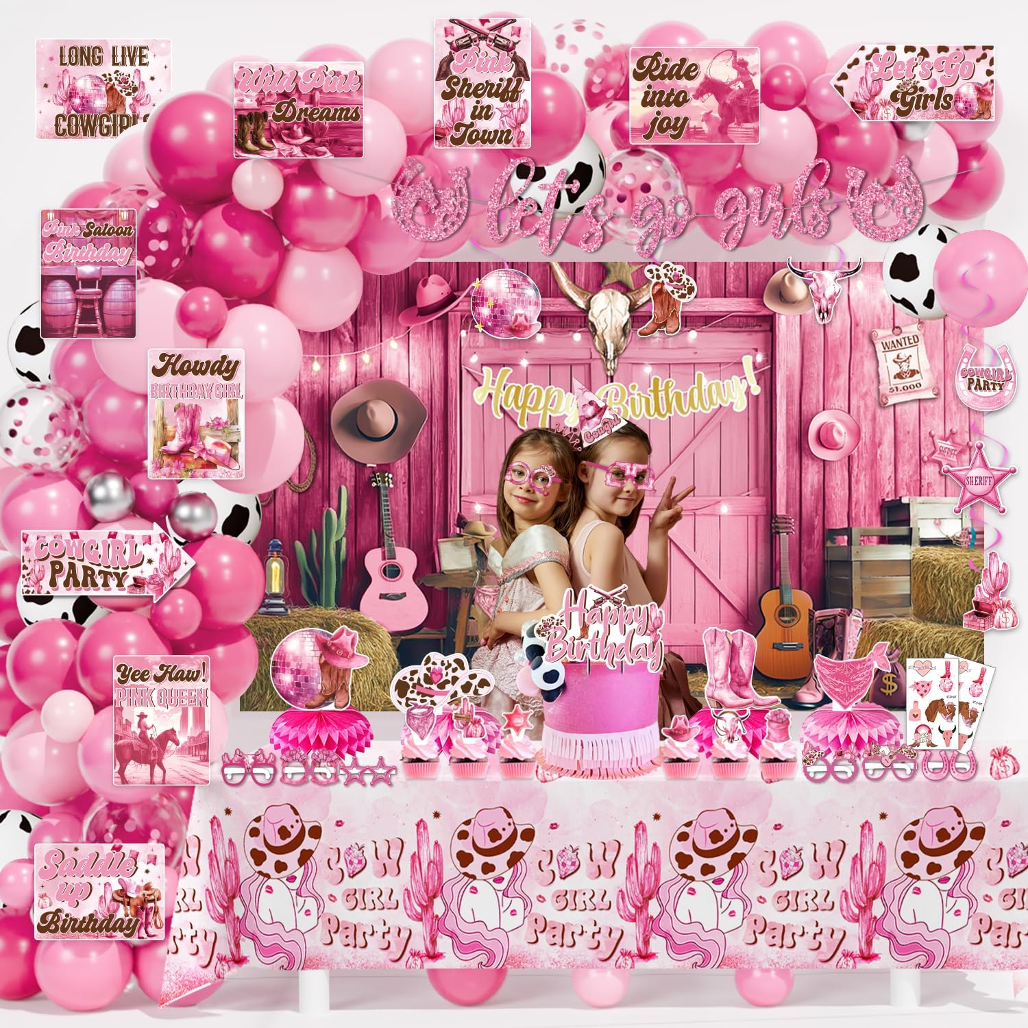 Cowgirl Party Decorations, 144 Pcs Pink Cowgirls Cow Girl Bday Party Decor Supplies for Girls - Backdrop, Banner, Tablecloths, Centerpieces, Paper Glasses, Hat, Stickers, Wall Signs - Image 6