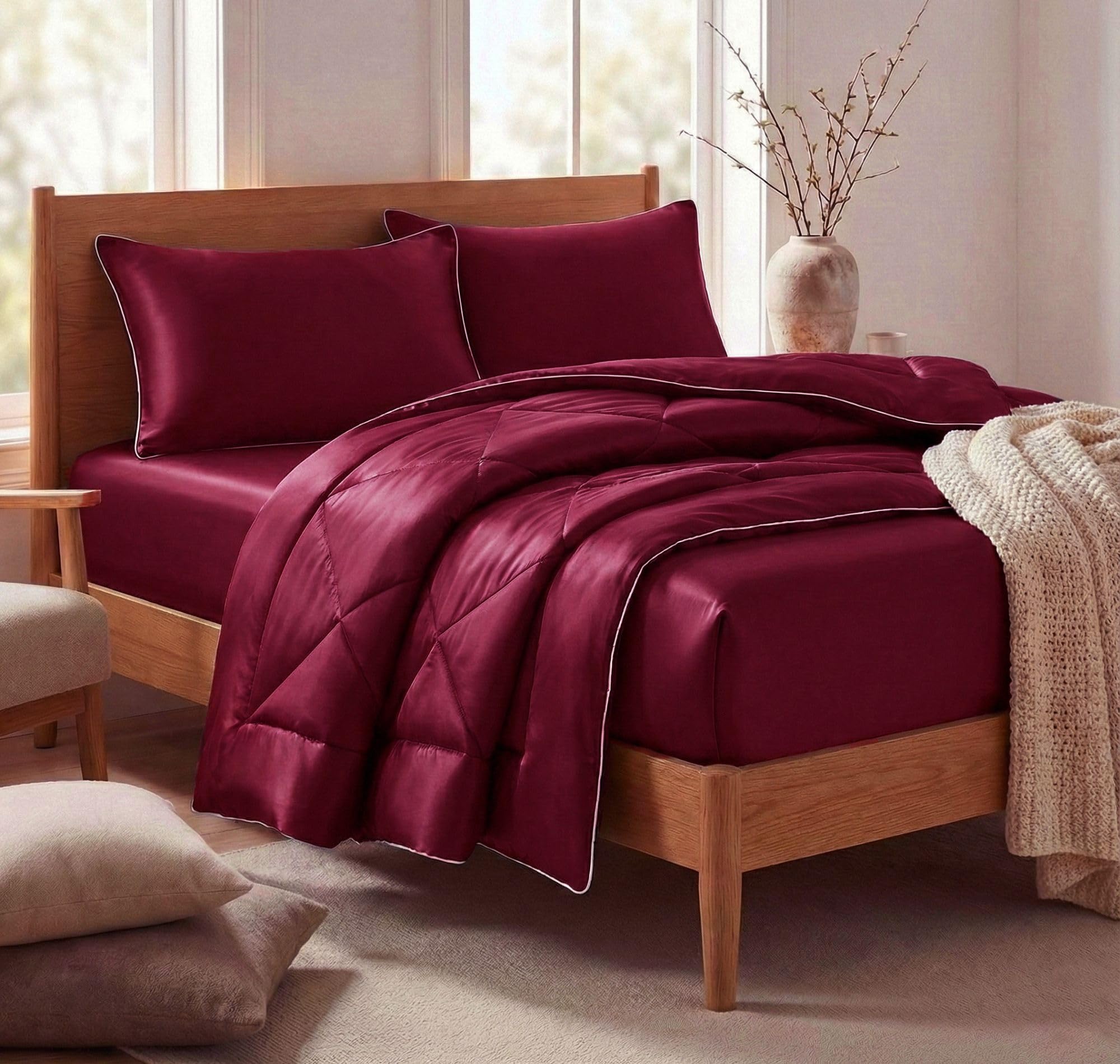 VAS COLLECTIONS 300 TC Satin Silk AC Comforter Set King Size (88x96 Inch) with Fitted Bedsheet (78 x 72 + 10 Inches) & 2 King Pillow Covers | Soft Silky 4-Piece Bedding Set | Rose Red