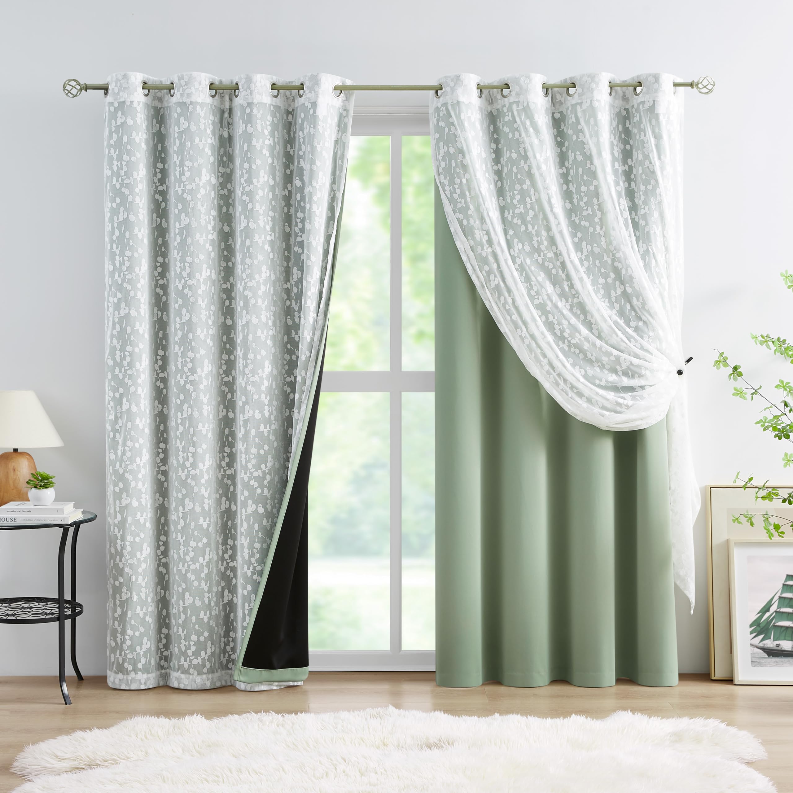 Mix Matched Green Full Blackout &amp; Sheer Leaf Lace Curtains 52"Wx95L 6Panels
