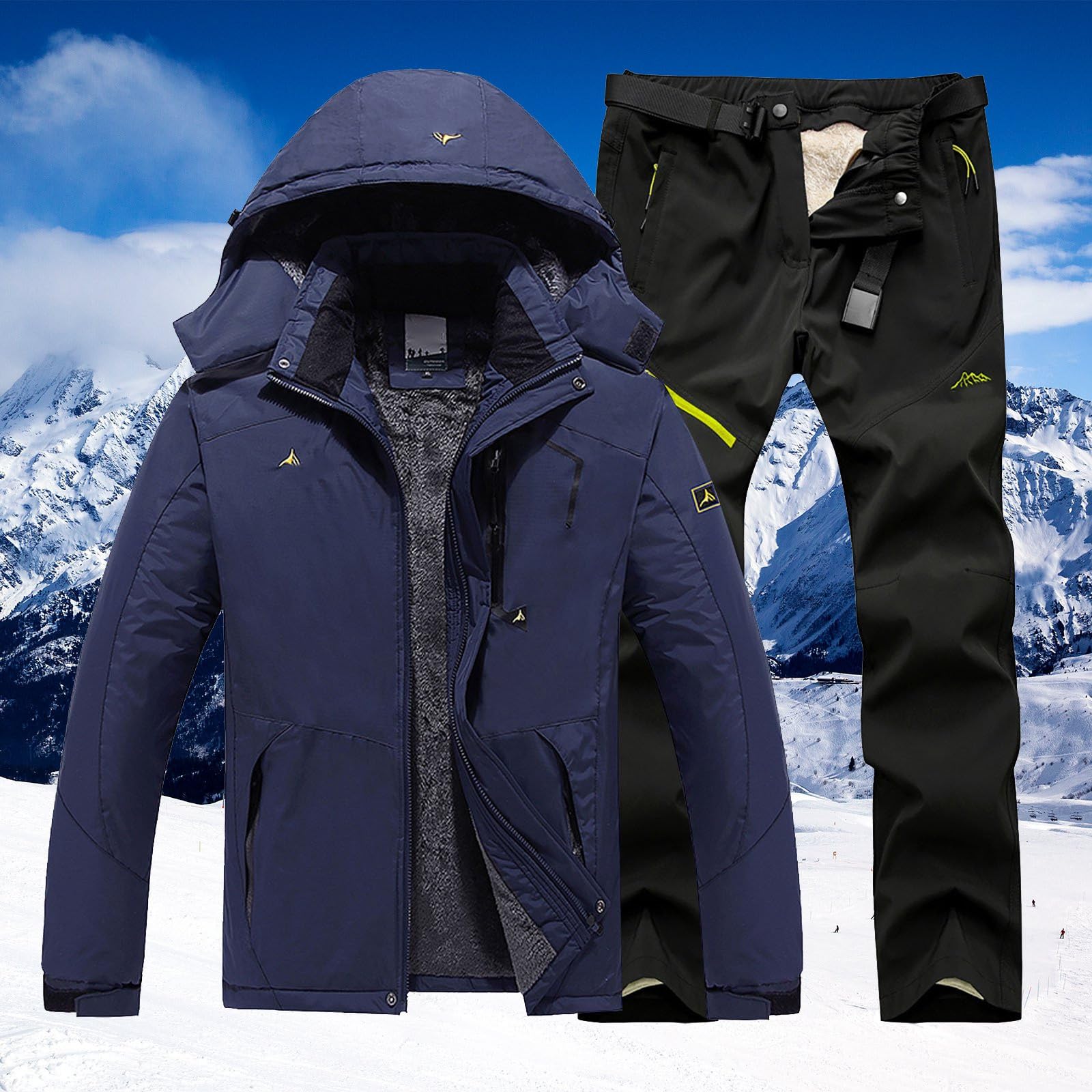 Generisch Combinaison de ski pour homme - 2 pièces - Coupe-vent - Avec capuche - Ensemble de snowboard - Imperméable - Pour le sport - Vêtement de ski - Combinaison thermique d'hiver - Veste de ski et