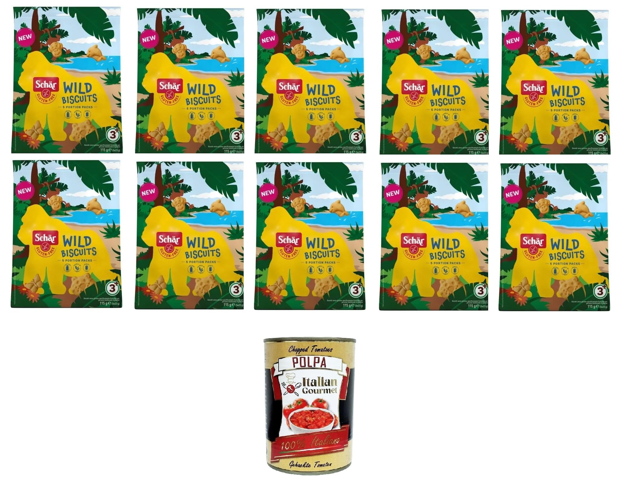 Schär Wild Biscuits – Biscotti senza glutine con forma di animale al sapore di vaniglia Wildkekse – Glutenfreie Tierkekse mit Vanillegeschmack 10x 115g (5x23gr)+ Italian Gourmet polpa 400g
