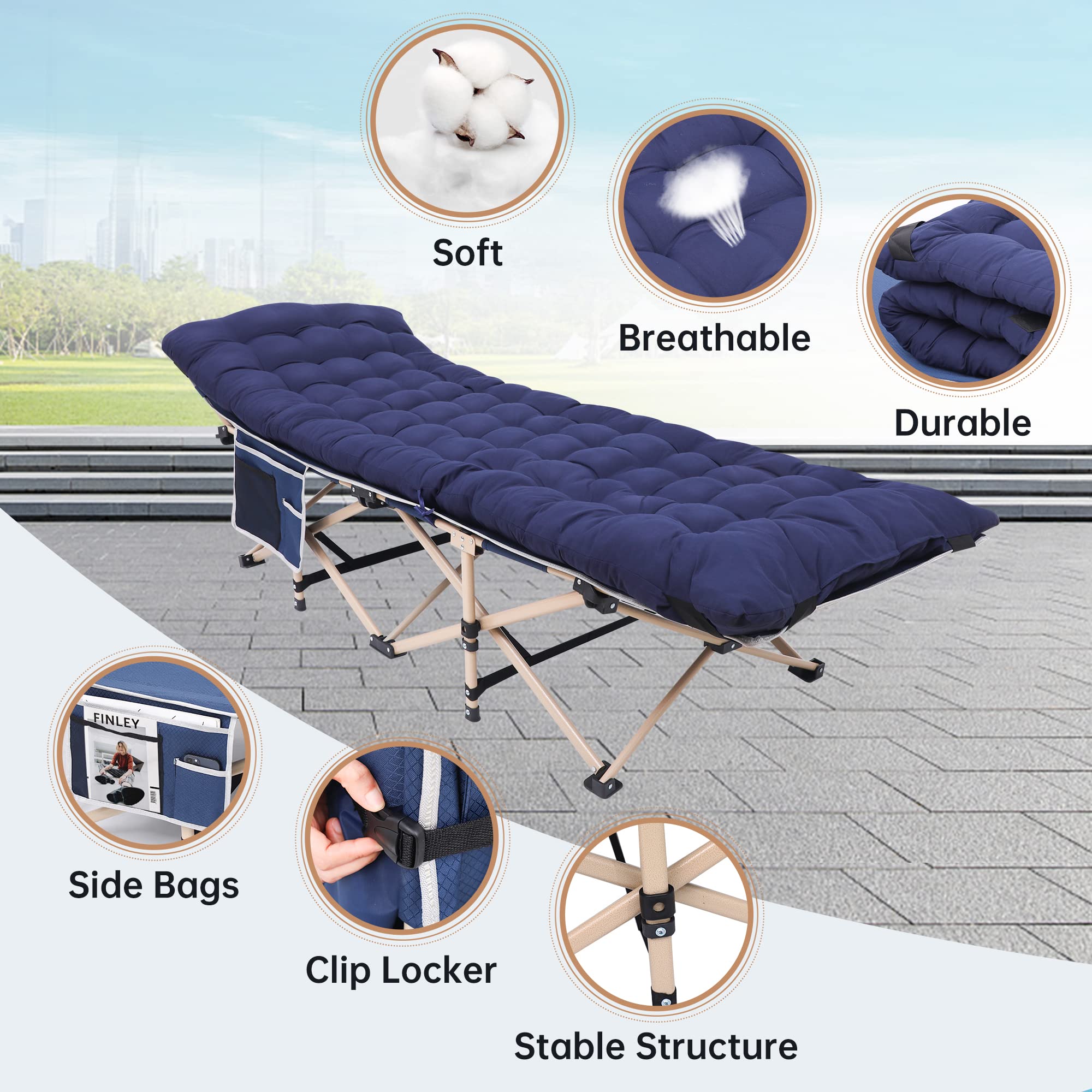 WGOS Camping Cot, Folding Camping Cot Folding Cot for Adults with Mattress, Carry Bag, Pillow and Side Mesh Holders Holds Weights Up to 500Lbs for Indoor & Outdoor (2-Pack Navyblue)