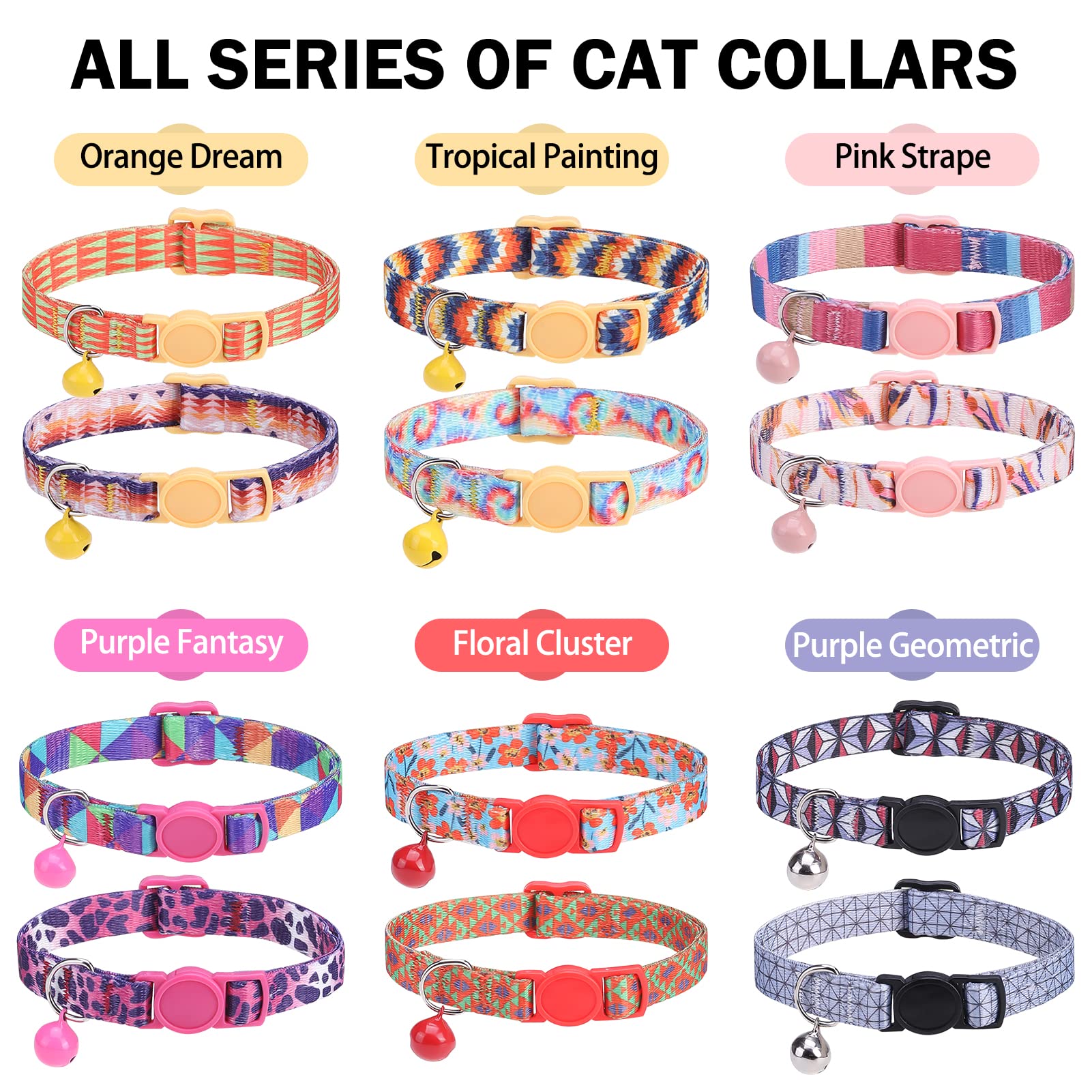 Breakaway Katzenhalsbänder für Mädchen, Jungen, Katzen, personalisiert mit verschiedenen Mustern, 2 Stück, niedliche klassische Sicherheitsschnallen und Glocken, verstellbar, bunt, rosa