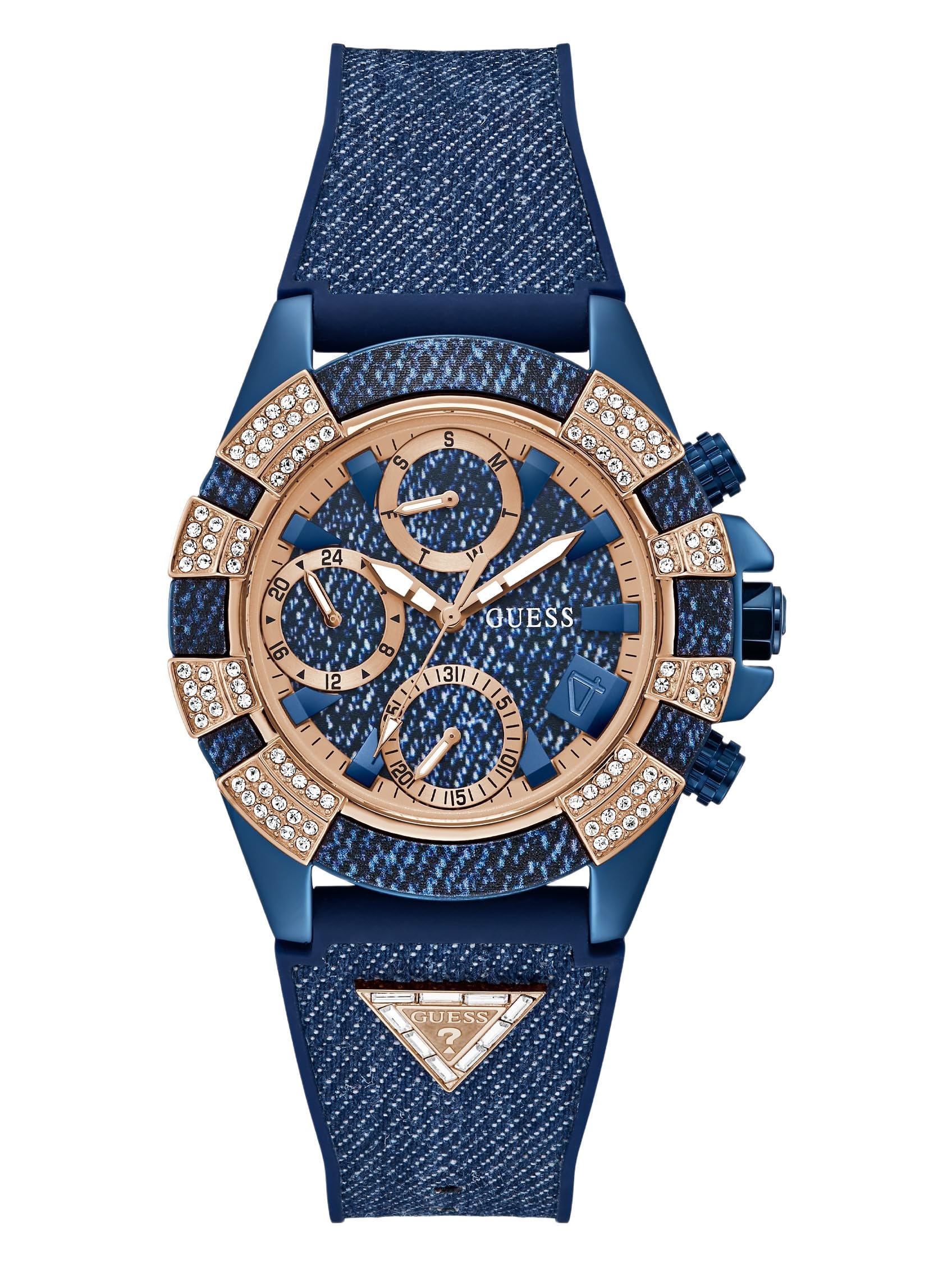 Guess Orologio da polso da donna Iconic 40TH con datario, effetto jeans, cinturino in silicone, vetro minerale, quadrante blu, 5 bar, diametro cassa: 40 mm, GW0813L1