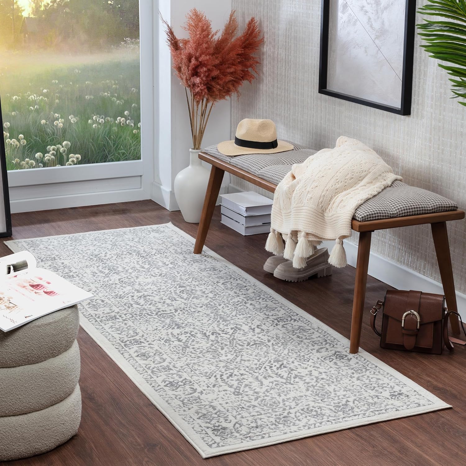 Livabliss MARGAUX Tradizionale Vintage Runner Tappeto | Bianco sporco, Grigio medio, Carbone | 80x220cm | Corridoio e Cucina | Tessuto a Macchina Polipropilene