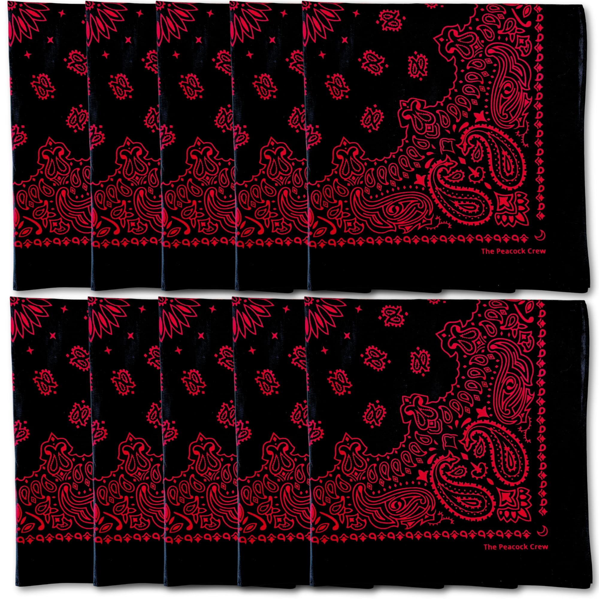 The Peacock Crew 10 Pack Black Red Bandanas in Premium Soft Cotton - apparel and accessories | Mubboo