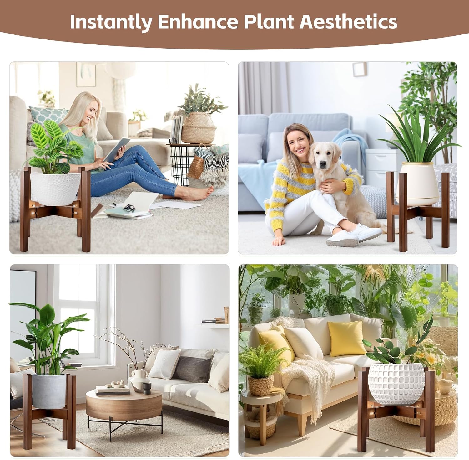 Adjustable Bamboo Plant Stand for Indoor Plants, Holder Rack Fits 8"-12" Pots for Living Room, Bedroom, Corner - Space Saving Shelf (Pot & Plant Not Included) (brown)