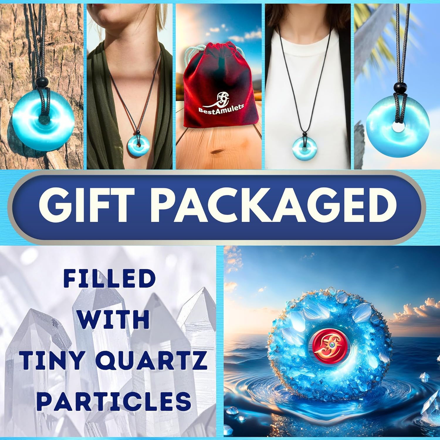 Atlantis Lucky Coin Shaped Donut Pendant Necklace - 40mm Simulated Sky Blue Cat's Eye Crystal - Ocean Portal Positive Energy Amulet - Adjustable Cord Protection Powers Talisman - Good Luck Sacred Circle Spiritual Jewelry Gift - Image 3