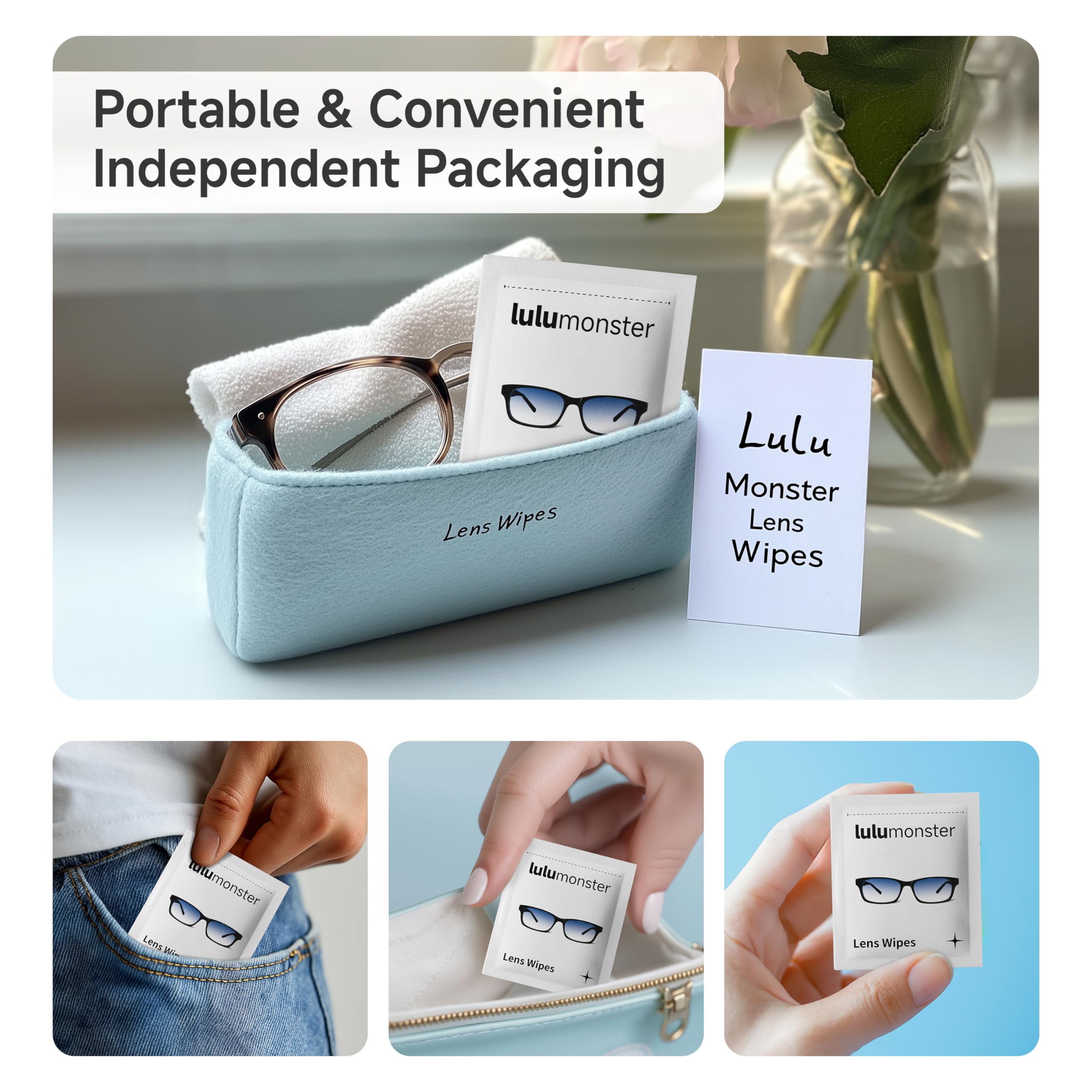 Toallitas antivaho para lentes, Lulumonster, 150 toallitas prehumedecidas envueltas individualmente, no rayan ni rayan, toallitas limpiadoras para gafas, gafas de sol, lente de cámara de pantalla de