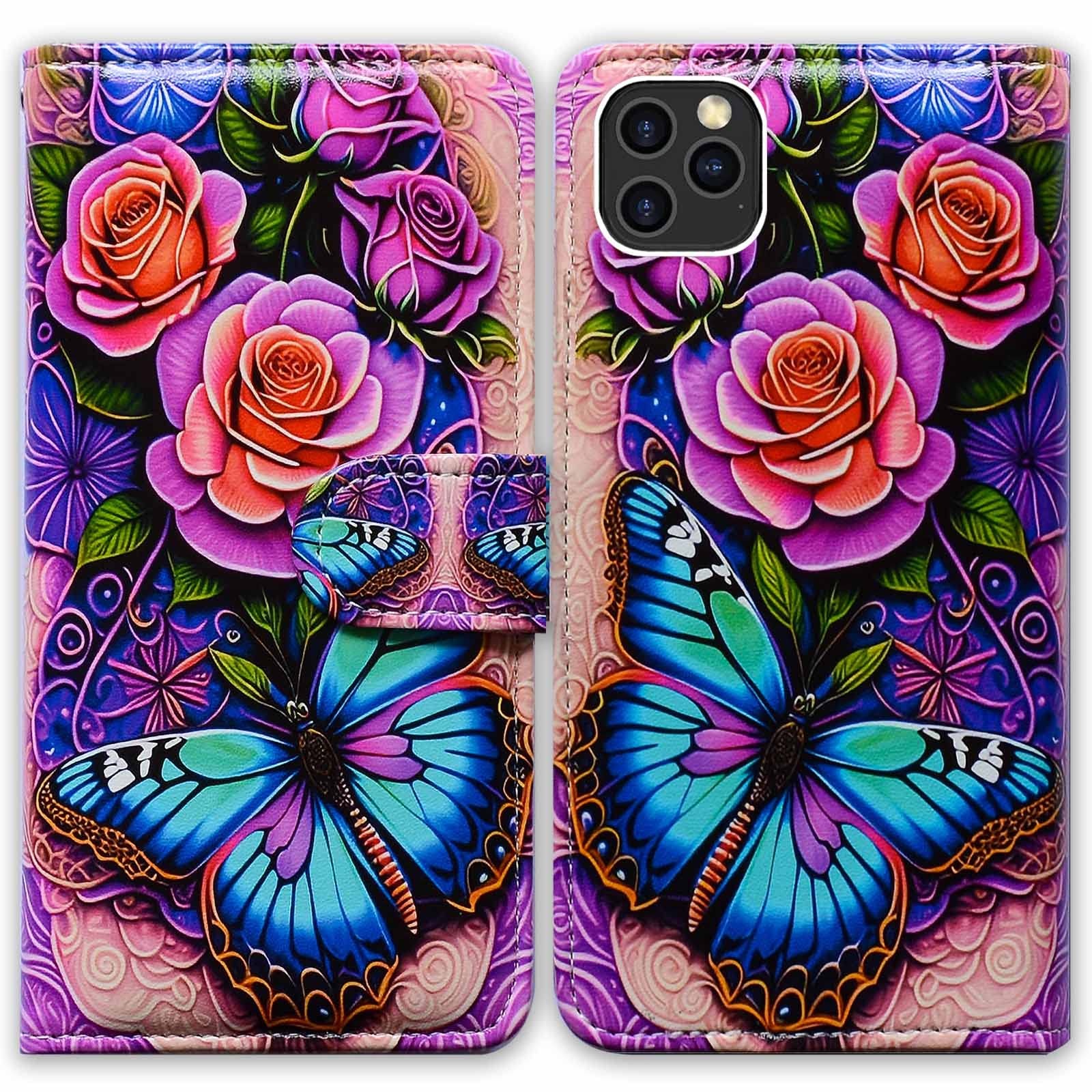 Bcov Case for iPhone 12 Pro Max,Blue Butterfly Flowers Rose Leather Flip Phone Case Wallet Cover with Card Slot Holder Kickstand for iPhone 12 Pro Max