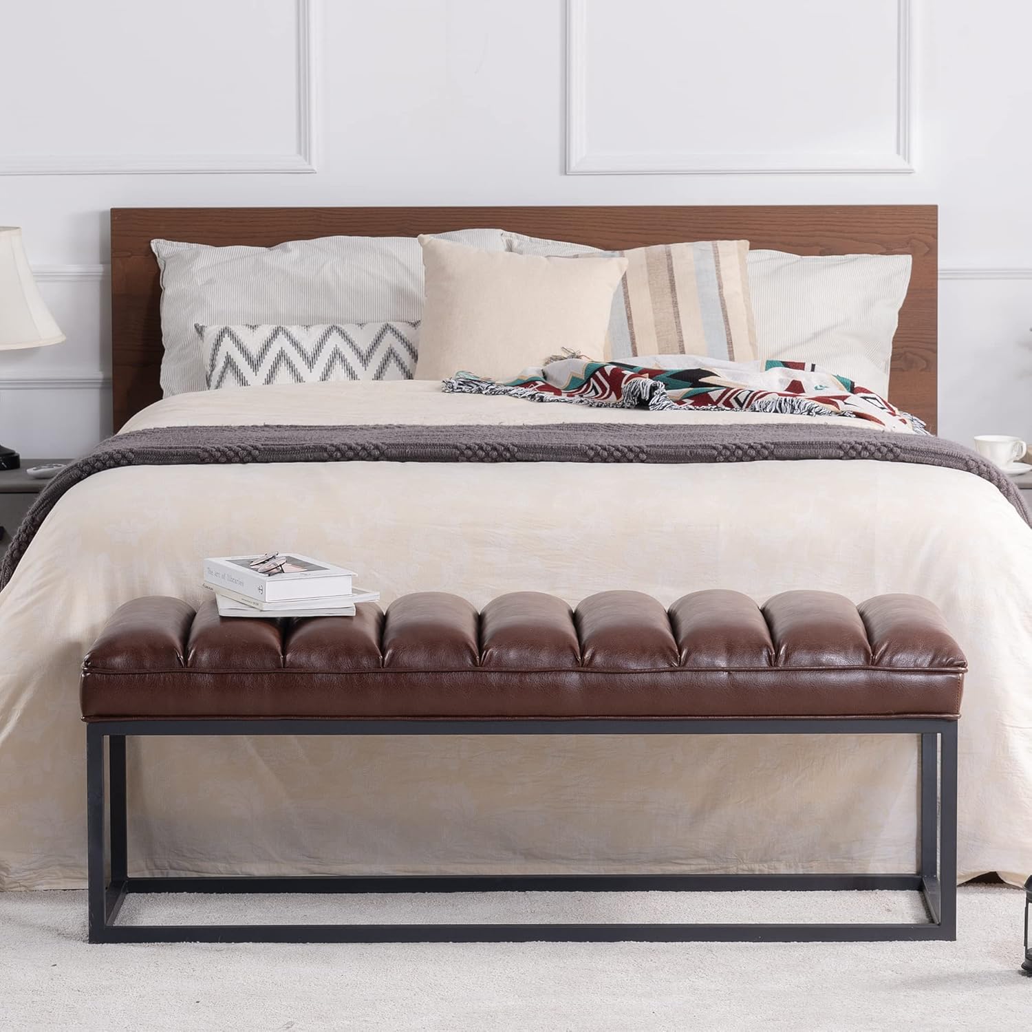 53.5in Upholstered Leather Indoor Bench, Brown. Shoe Bench for The Entryway, Bedroom Bench Seat, an End-of-Bed Ottoman, or Vanity Bench with a Metal Base and Shoe Rack(Brown Color)