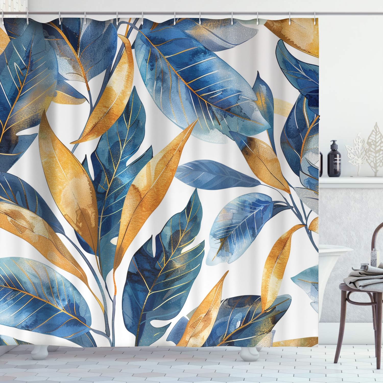 HYPESTYLE Flower Leaf Shower Curtain, Watercolor Flower Shower Curtain for Bathroom, Modern Abstract Ink Decorative Fabric Shower Curtain Set with