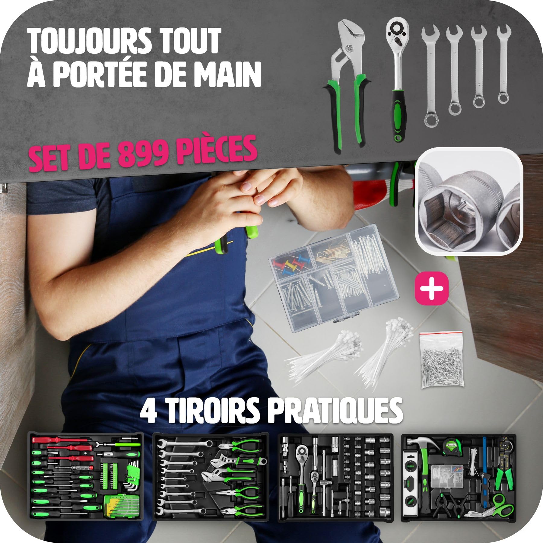 tectake® Caisse à outils sur roulettes Boîte à outils 899 Pièces 4 Compartiments, Rangement atelier Outillage à main Bricolage Embout visseuse Kit tournevis Rangement visserie