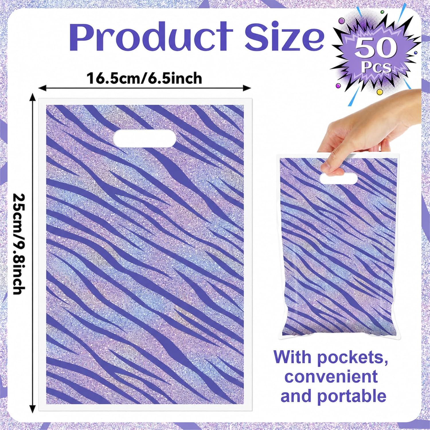 50Pcs Purple Demon party Goodie Bags Demon Birthday Decorations Korean Pop themed Goodie Gift Bags with Handles Purple Energy Pattern Goodie Candy Bag for Rainbow Gradient Music Singer party Decor image 2