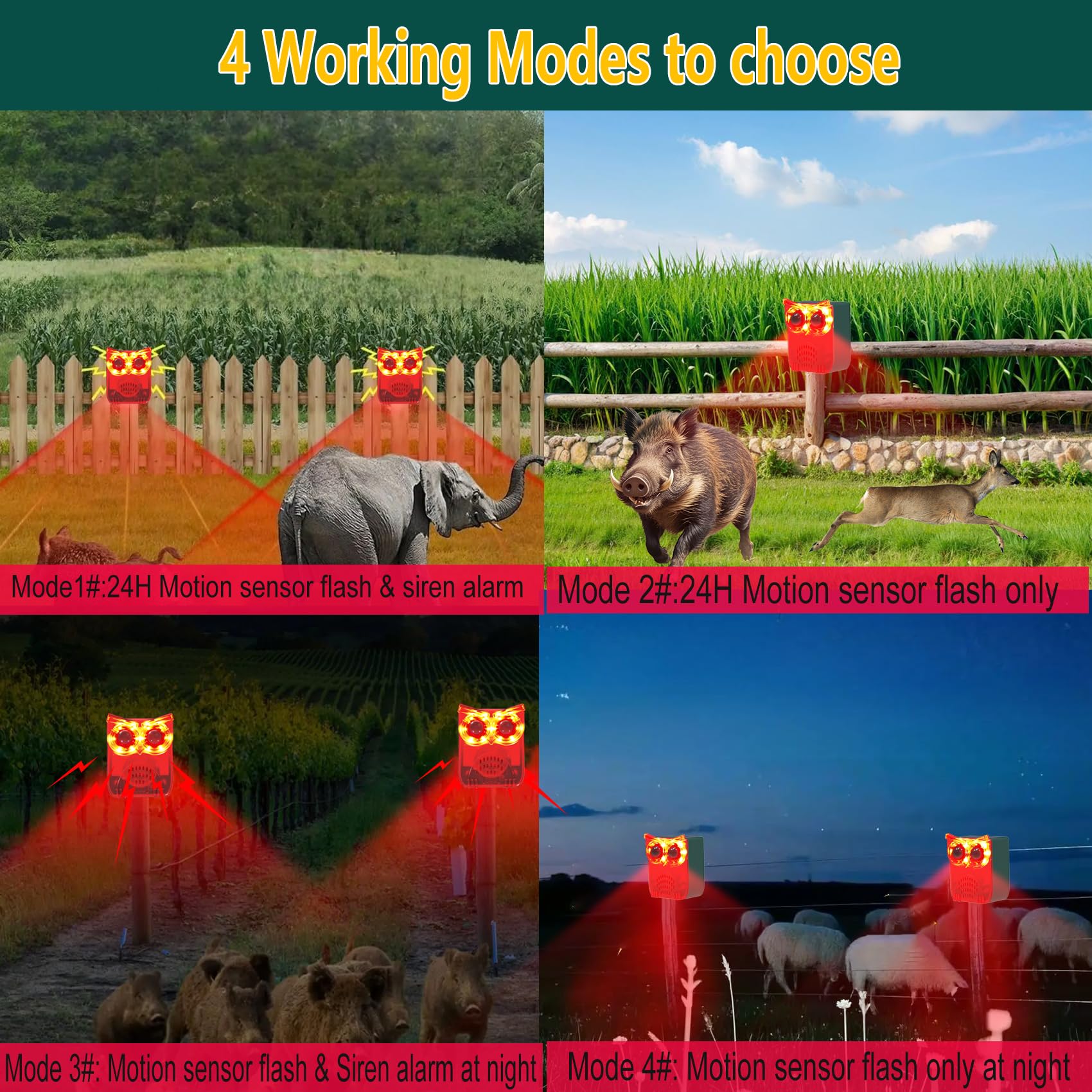 Alarma solar con sensor de movimiento para exteriores, 129 dB, alarma auditiva, seguridad intermitente, 13 sonidos para perros, barcas y disparos, jardín, granja, defensa de animales (2
