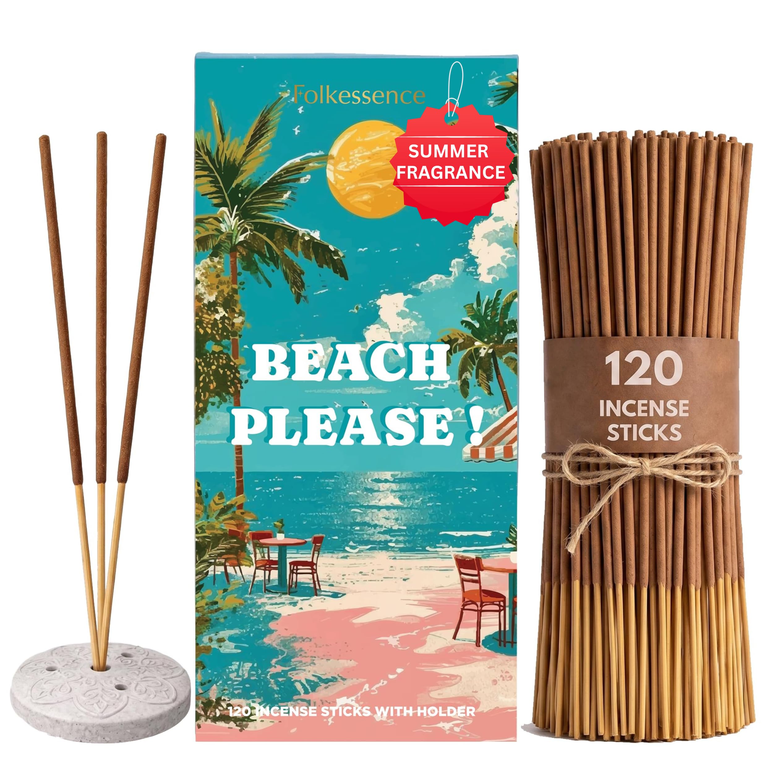 Folkulture Incense Sticks with Holder (120 Sticks)| Beach Please 2.0 Incense for Home & Aromatherapy | Long Burning, Charcoal-Free, Non-Toxic Incense for Relaxation & Fresh Coastal Vibes incense gift