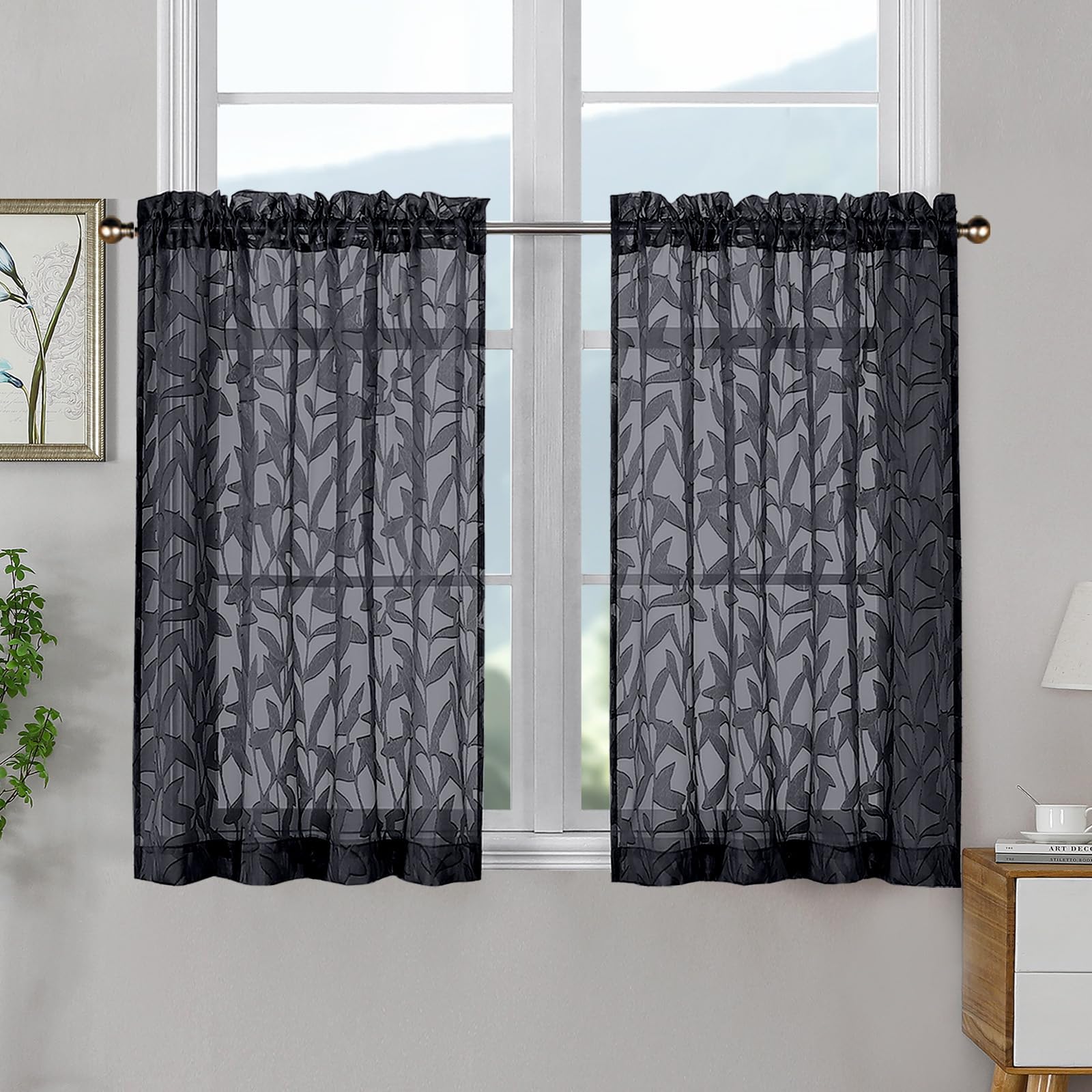 OWENIE Leyna 36 Inch Length Black Sheer Curtains Tiers 2 Pieces, Modern Leaf Jacquard Textured Short Kitchen Window Curtain for Living Room Bedroom,