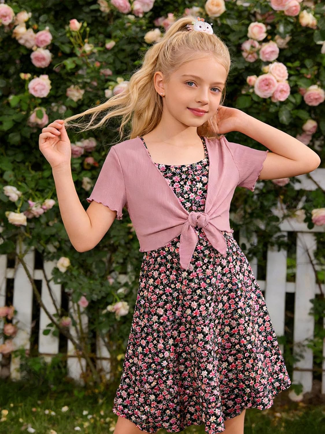 RAISEVERN 7-14Y Girls Adjustable Strap Cami Dress with Cardigan 2 Piece Set
