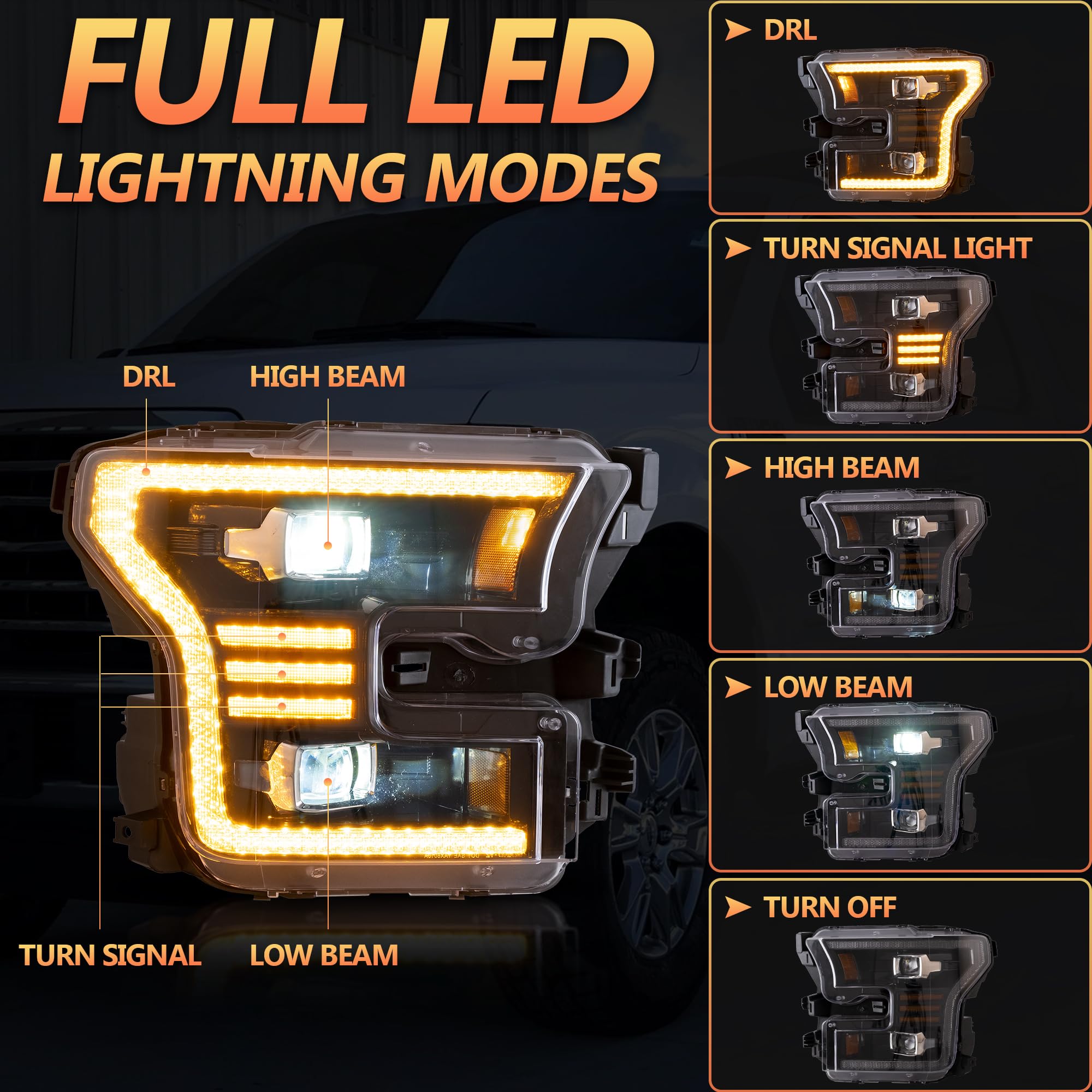 Reflektor LED do F150 2015 2016 2017 Halogen XL, XLT, Lariat, King Ranch, Platinum, Limited, Raptor [nie do oryginalnych diod LED], DRL z wyświetlaczem dynamicznym, żółte światła do jazdy