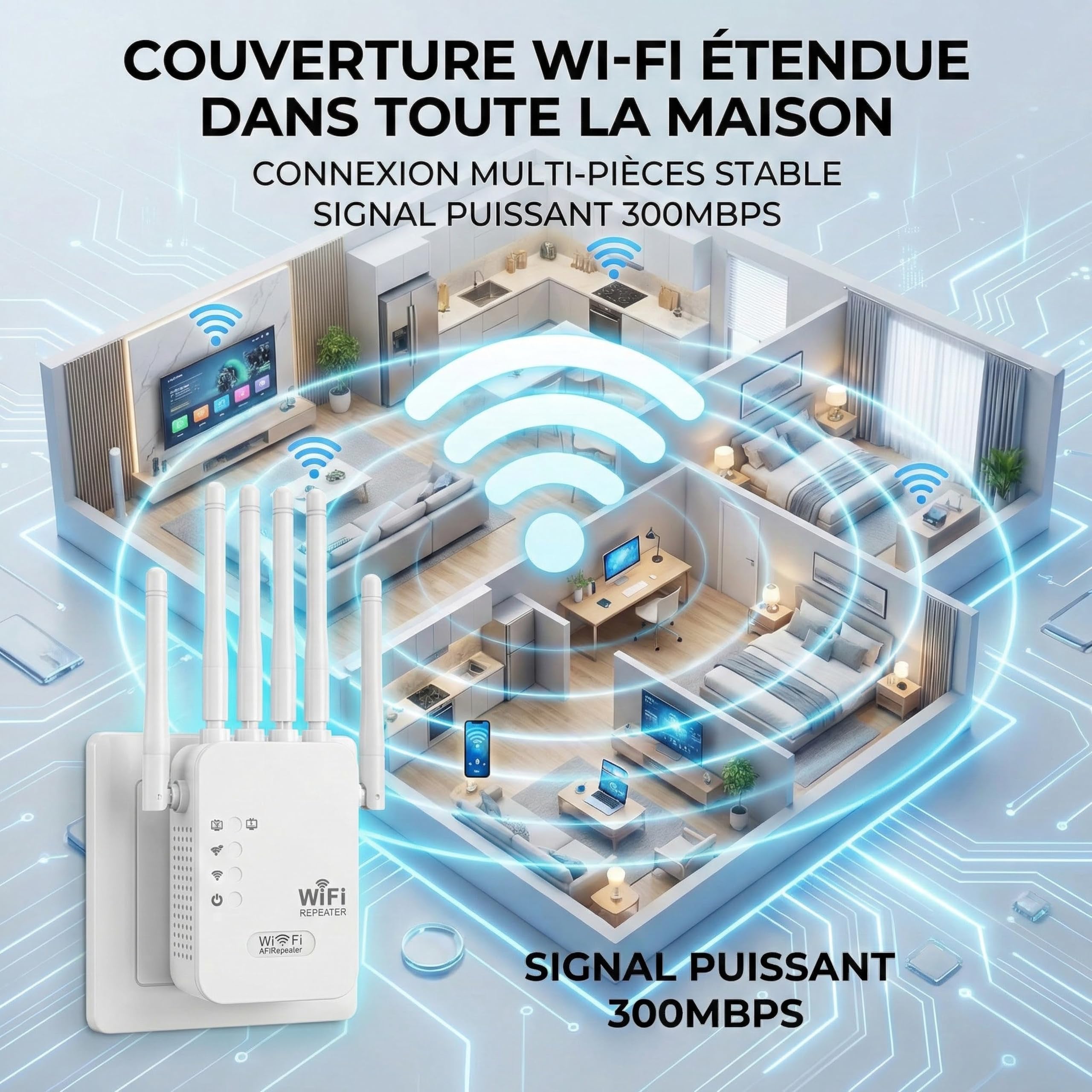 Repeteur WiFi Puissant Amplificateur WiFi de dernière Technologie avec 6 2 Ports LAN antennes Couvrant Une superficie de1000 m²,Mur épais Compatible pour la Maison et Le Bureau