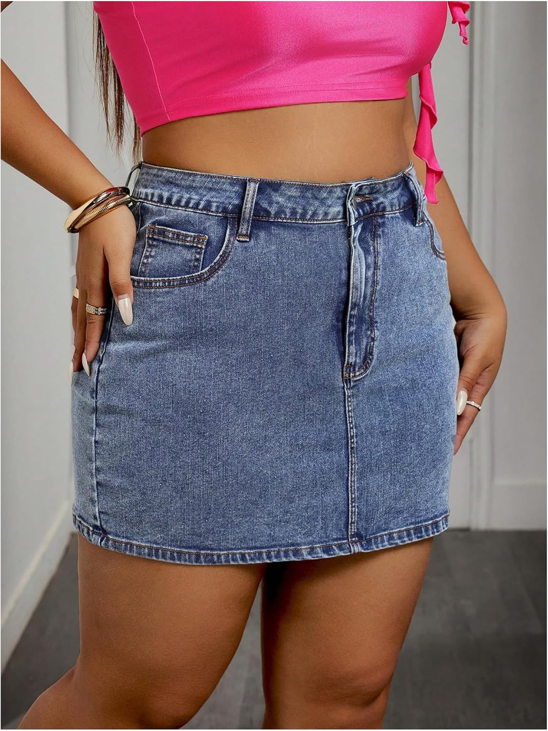 Floerns Women's Plus Size Bowknot Denim Skirts High Waist Stretchy Y2k Short Jean Skirts - Image 2