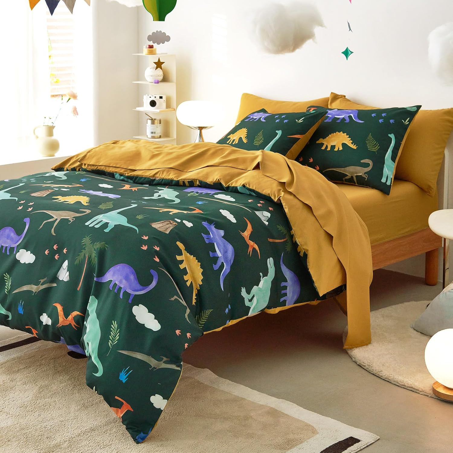 Wake In Cloud - Dinosaur Bedding Set for Boys, Cute Colorful Dinosaur Soft Lightweight Comforter Set with Sheets, 5 Pieces Kids Bed in a Bag, Dark Green, Twin Size - Image 2