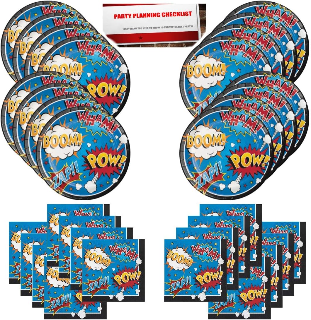 Action Adventure Superhero Hero Birthday Party Supplies Bundle Pack for 16 Guests (Plus Party Planning Checklist by Mikes Super Store)