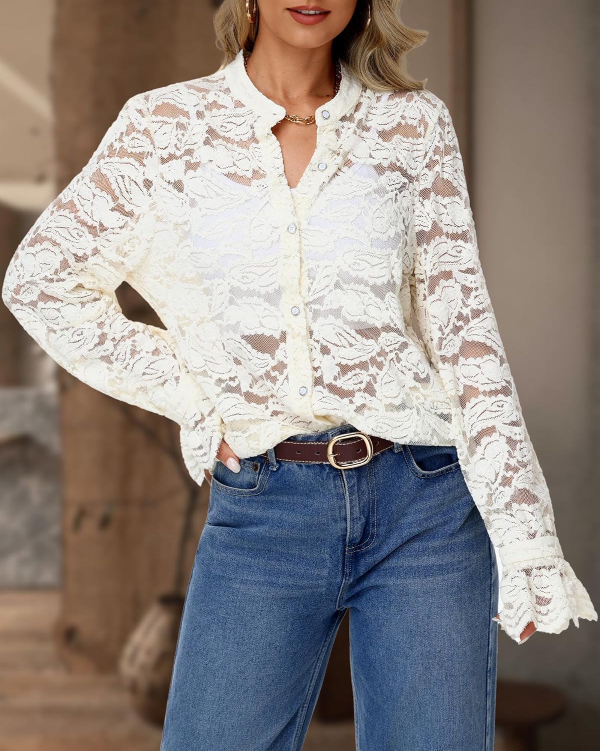 Long Sleeve Lace Blouse for Women Dressy Button Down Shirt Crew Neck Eyelet Top Elegant Casual Work Wear - Image 3