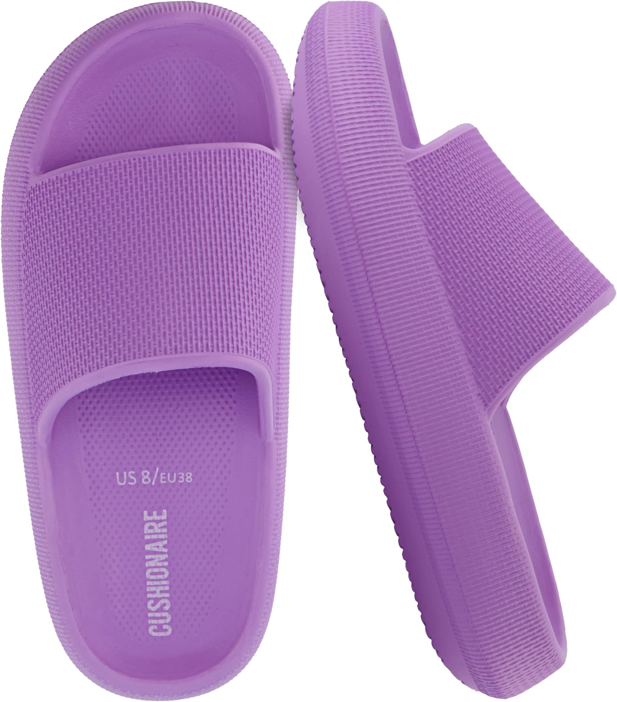 CUSHIONAIRE Feather EVA Slides for Women – Comfortable Slip On Womens Slippers, Indoor Outdoor Shower Shoes, Beach Essential Cloud Slides