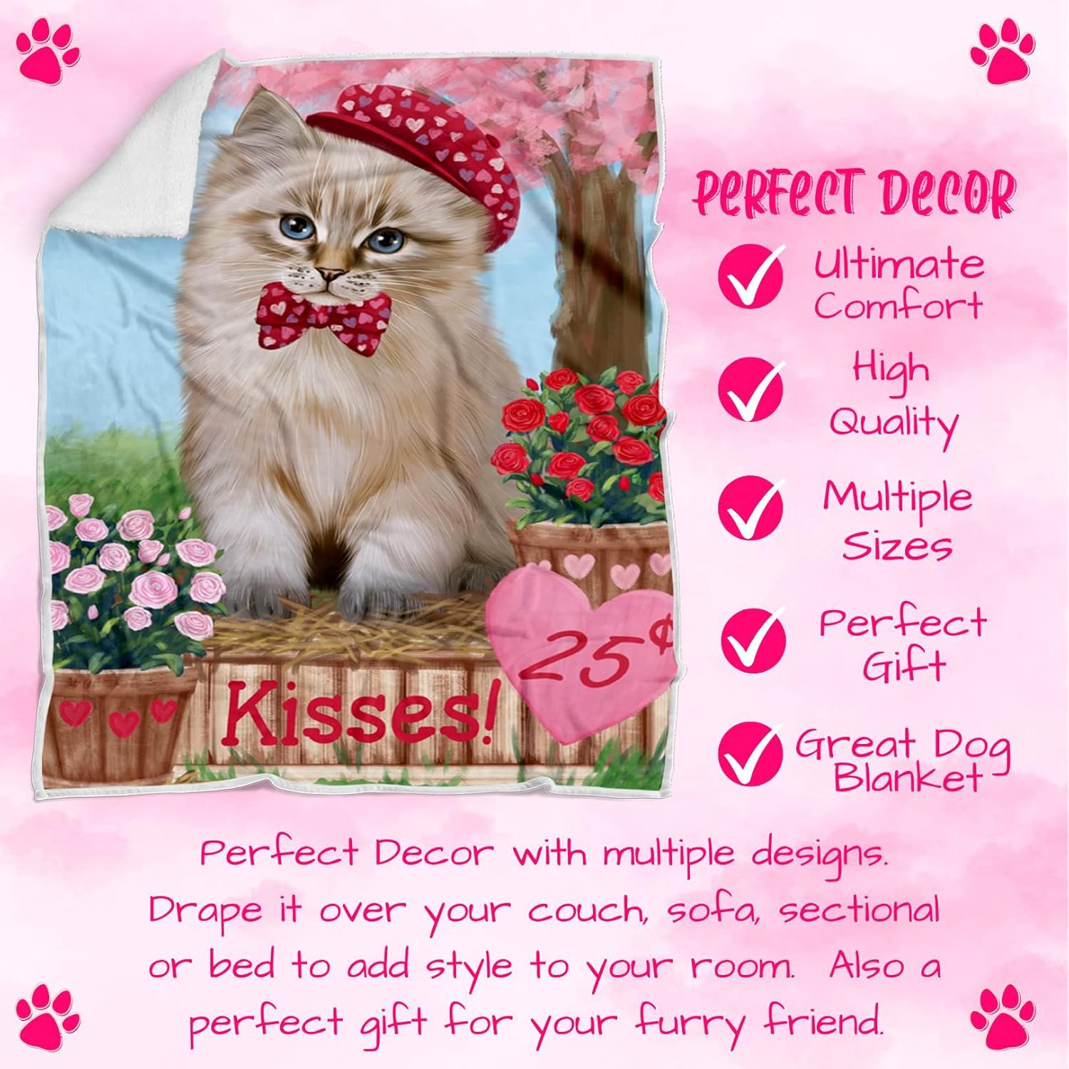 Rosie 25 Cent Kisses Siberian Cat Blanket - Lightweight Soft Cozy and Durable Bed Blanket - Animal Theme Fuzzy Blanket for Sofa Couch BLNKT61776 (30x40 Fleece)