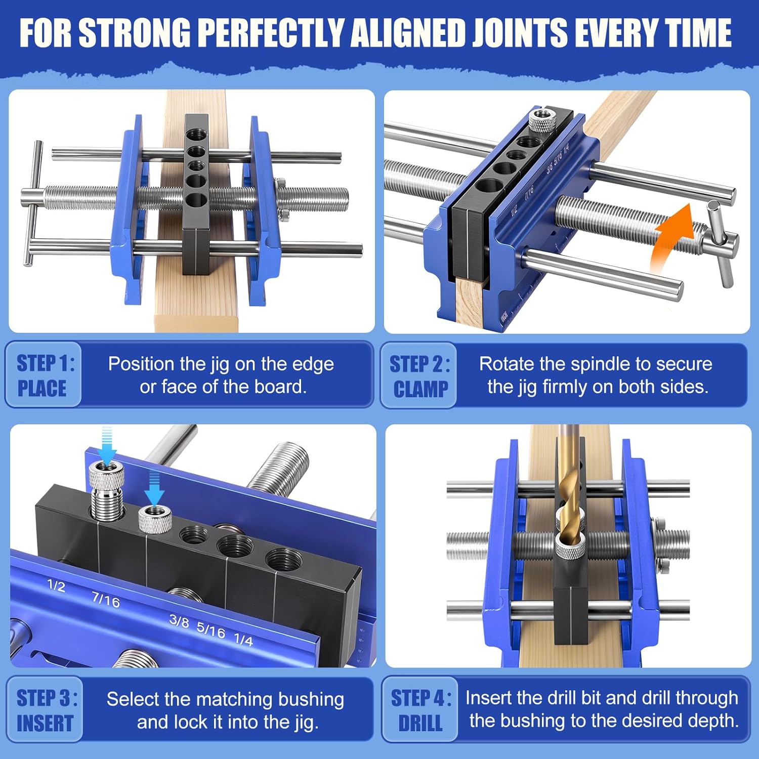 Self Centering Dowel Jig 6.75" Heavy-Duty Aluminum 0.375-6.75" Clamp Drill Guide 6 Steel Bushings Woodworking Cabinet DIY Repair Kit w/30 Dowels