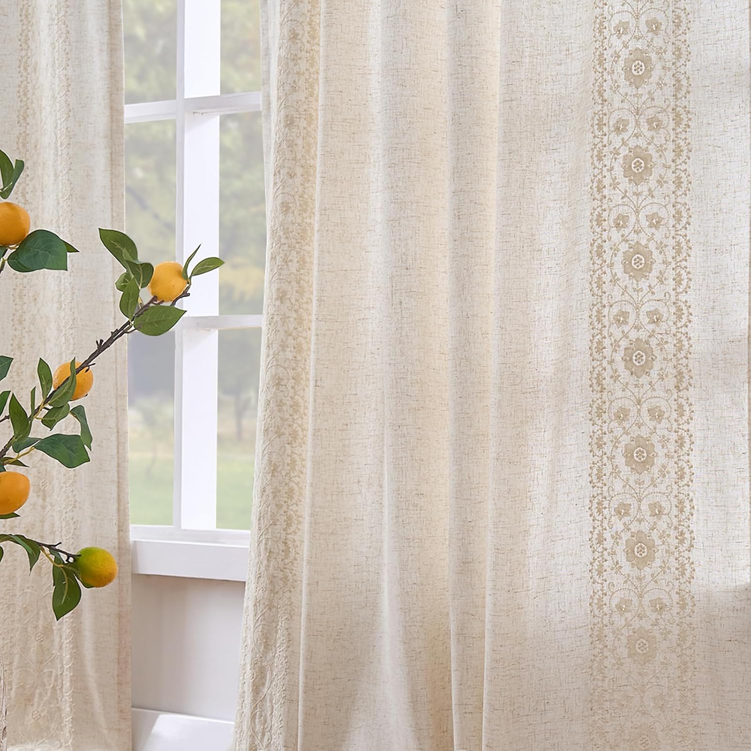 jinchan Weslie Boho Lined Linen Curtains for Bedroom Ivory Vintage Floral Farmhouse Curtains 90 Inches Long Linen Drapes for Living Room Embroidered Drapes Rod Pocket Ivory on Beige 2 Panels Lined Floral| Ivory on Beige 50"W x 90"L (Pack of 2)