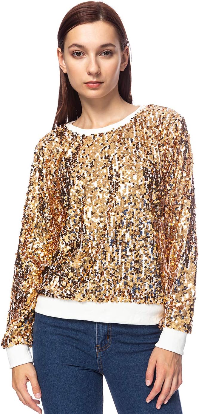 Anna-Kaci Women's Glitter Sequin Sweatshirt Long Sleeve Pullover Tops with Ribbed Cuffs