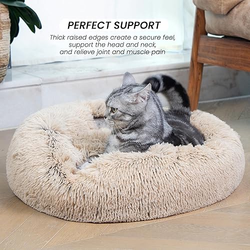 Miniatura 2 de Cama calmante para perro, cama para gatos antiansiedad en forma de dona, cama para mascotas de piel sintética de felpa esponjosa, base
