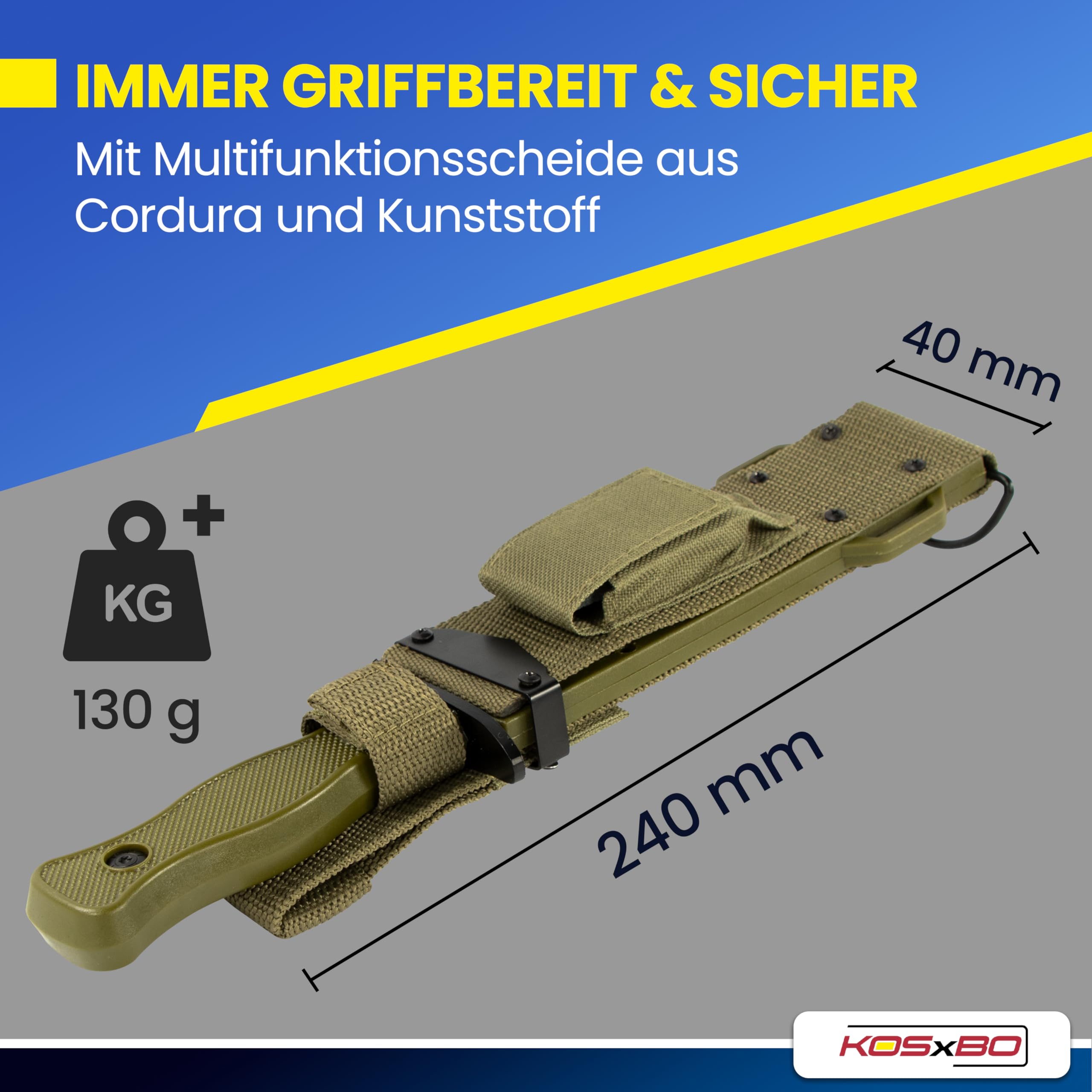 KOSxBO® BW Messer 26,5 cm - Multipurpose Militär Kampfmesser mit Schleifstein - taktisches Kampfmesser - Jagdmesser - Outdoor - Freizeitmesser grün schwarz - USA Knife