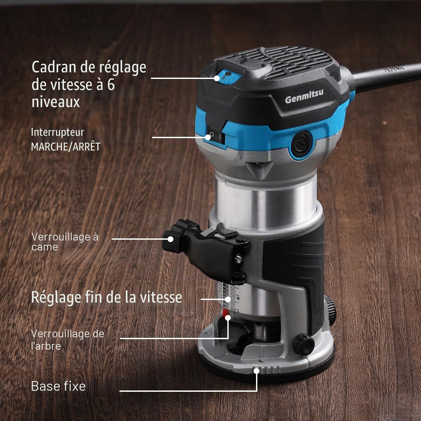Genmitsu Défonceuse à paume 1,25 HP, outil à bois compact avec base fixe, 6 vitesses variables 10 000-30 000 R/MIN, avec pince 1/4", parfait pour le travail du bois CNC et les projets de bricolage