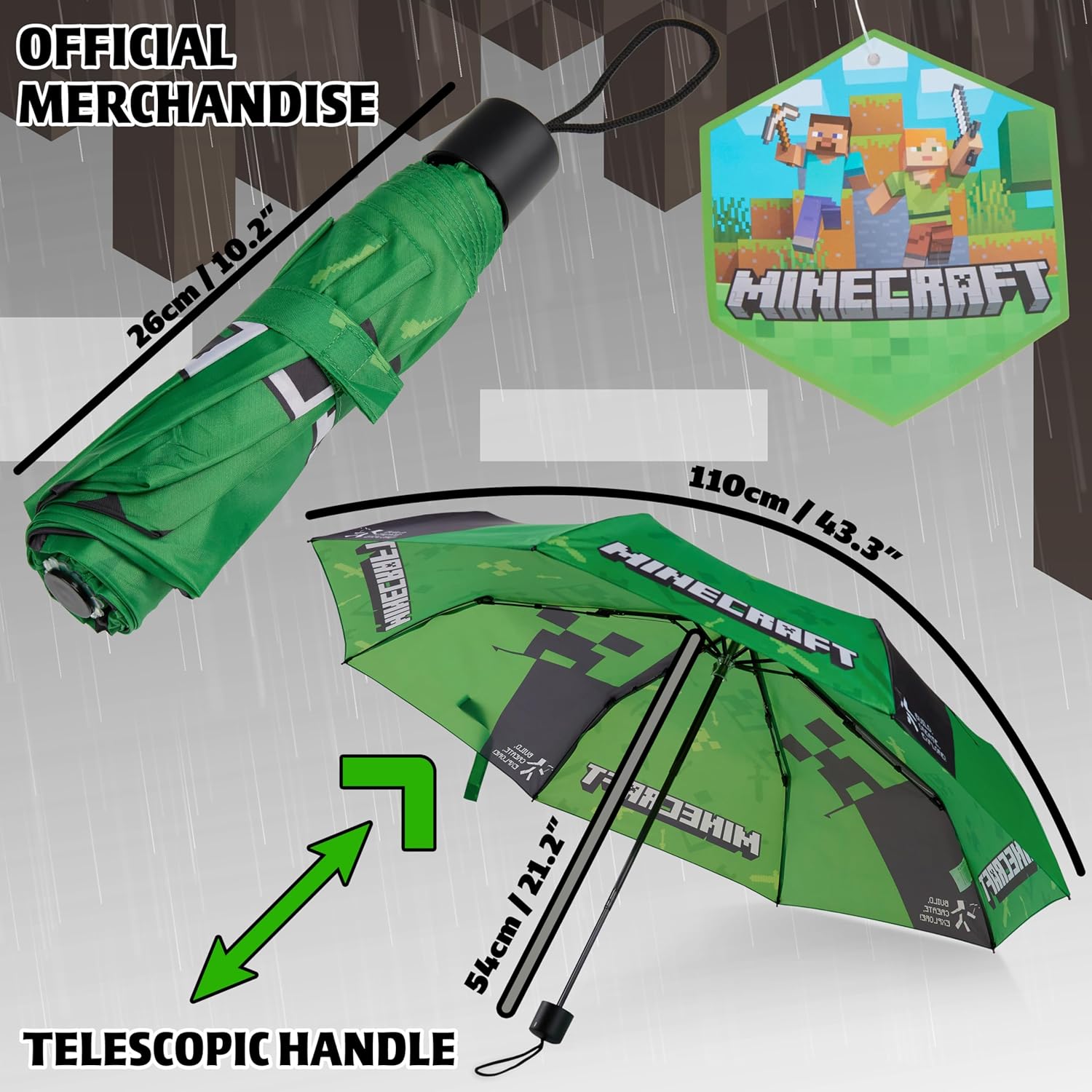 Minecraft Folding Umbrellas for Boys Girls Durable Compact Umbrella Windproof Travel Umbrella for Teens and Gamers - Image 5