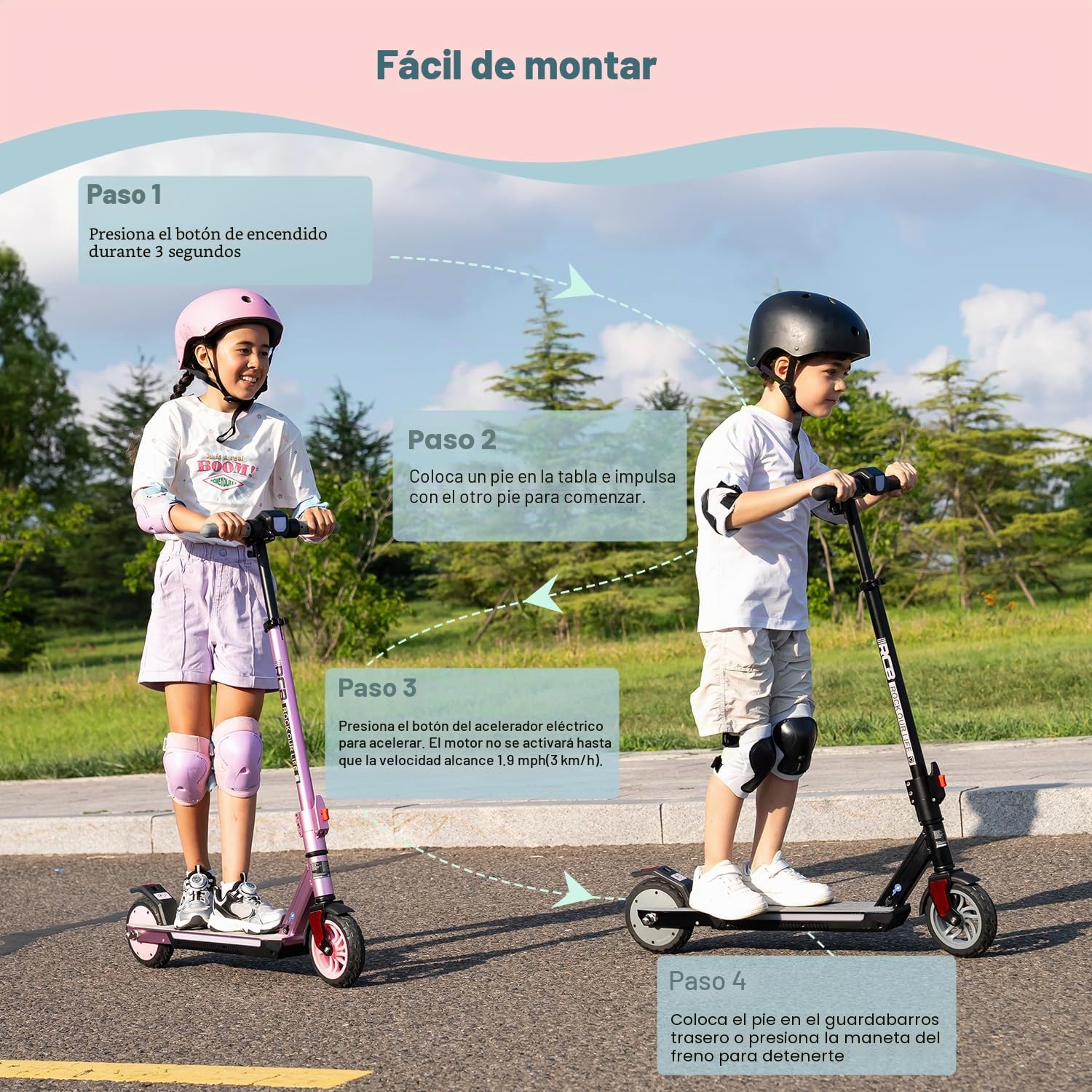 RCB R12 Pro Patinete Eléctrico Niños para 6-12 años, hasta 18km/h y 15km, 3-Altura Ajustable, 7" Plegable Patinete Eléctrico,Luces de Arco Iris,Pantalla LED, Regalos para Niños