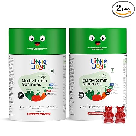 Little Joys Multivitamin Gummies for Kids (2-6 years) | 120 Gummies | No Sugar Added | Strawberry Flavour | Boosts Immunity, Bone Density & Eyesight | Pack of 2