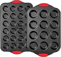 Tiawudi Nonstick Muffin Pan Set, 2 Pack: 12-Cup Standard & 24-Cup Mini Cupcake Tins, Heavy Duty Carbon Steel with Silicone Grip Handles