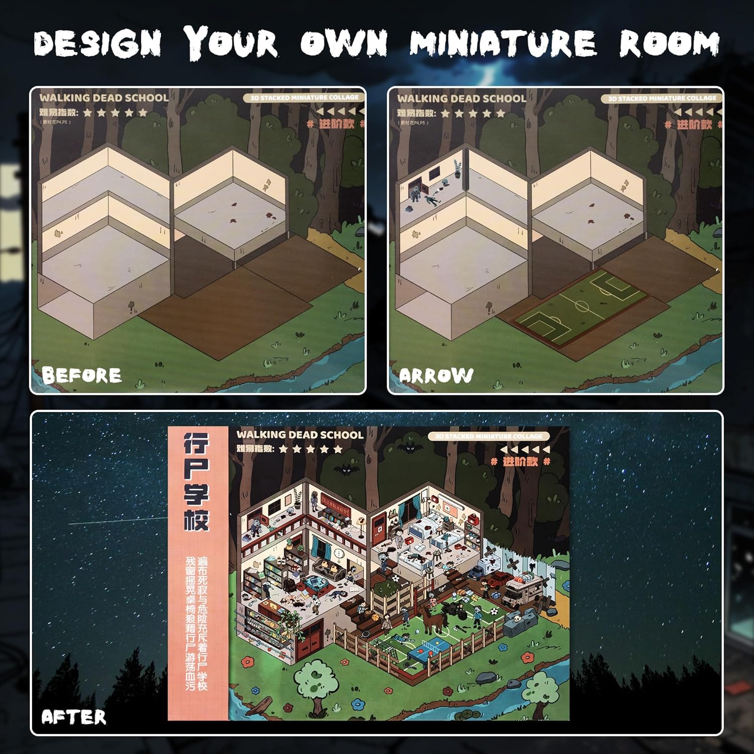 QEF 12PCS Big Size 3D Sticker Scene Book, Large DIY Stacked Miniature House Scenes, Make Your Own Apocalypse Zombie and Sci-Fi Space Room, Horror Therapy Stickers for Adults Relief Stress