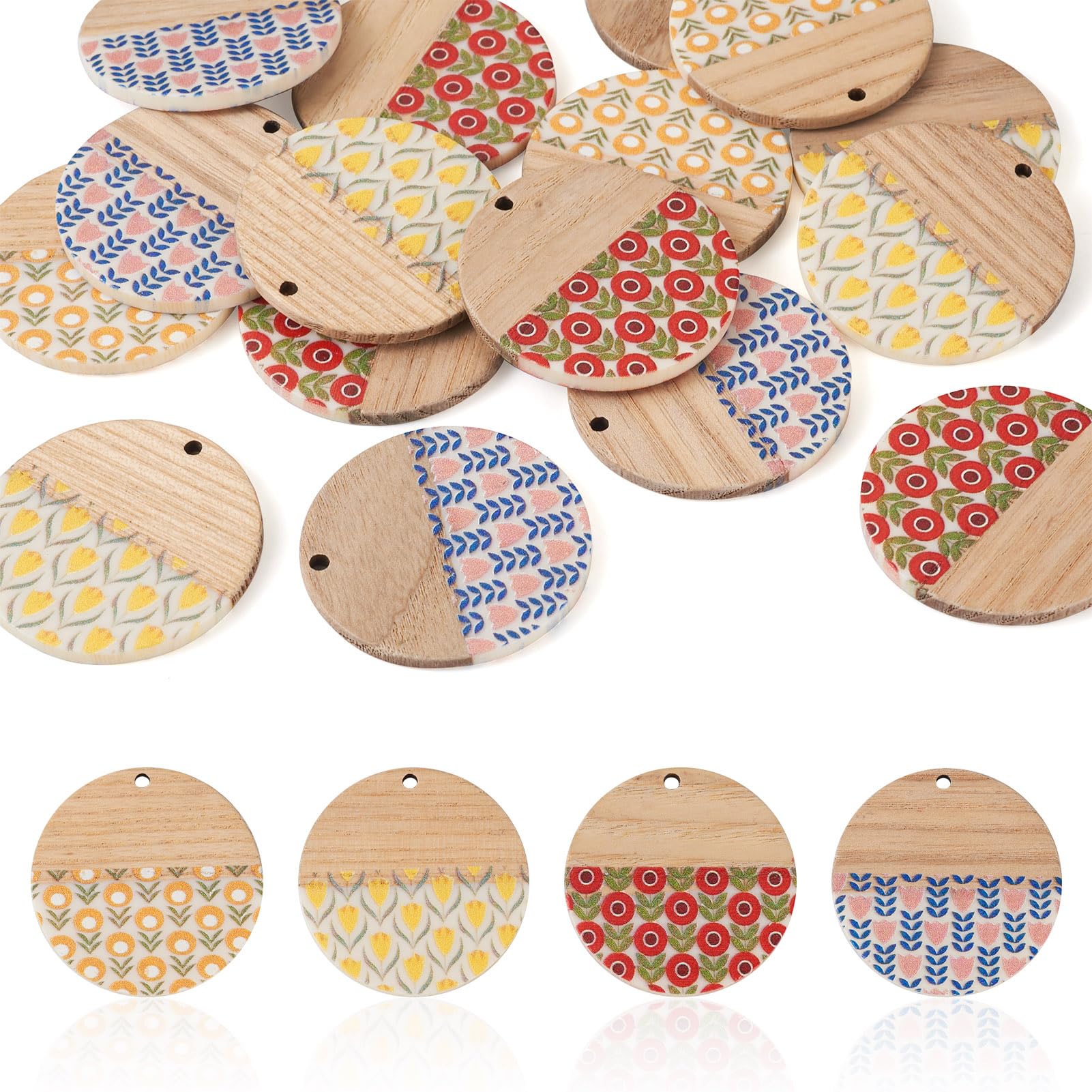 FASHEWELRY 16Pcs Resin Wood Pendants Flat Round Dangle Charm with Flower Pattern for DIY Bohemian Earrings Necklace Jewelry Making โ image 1