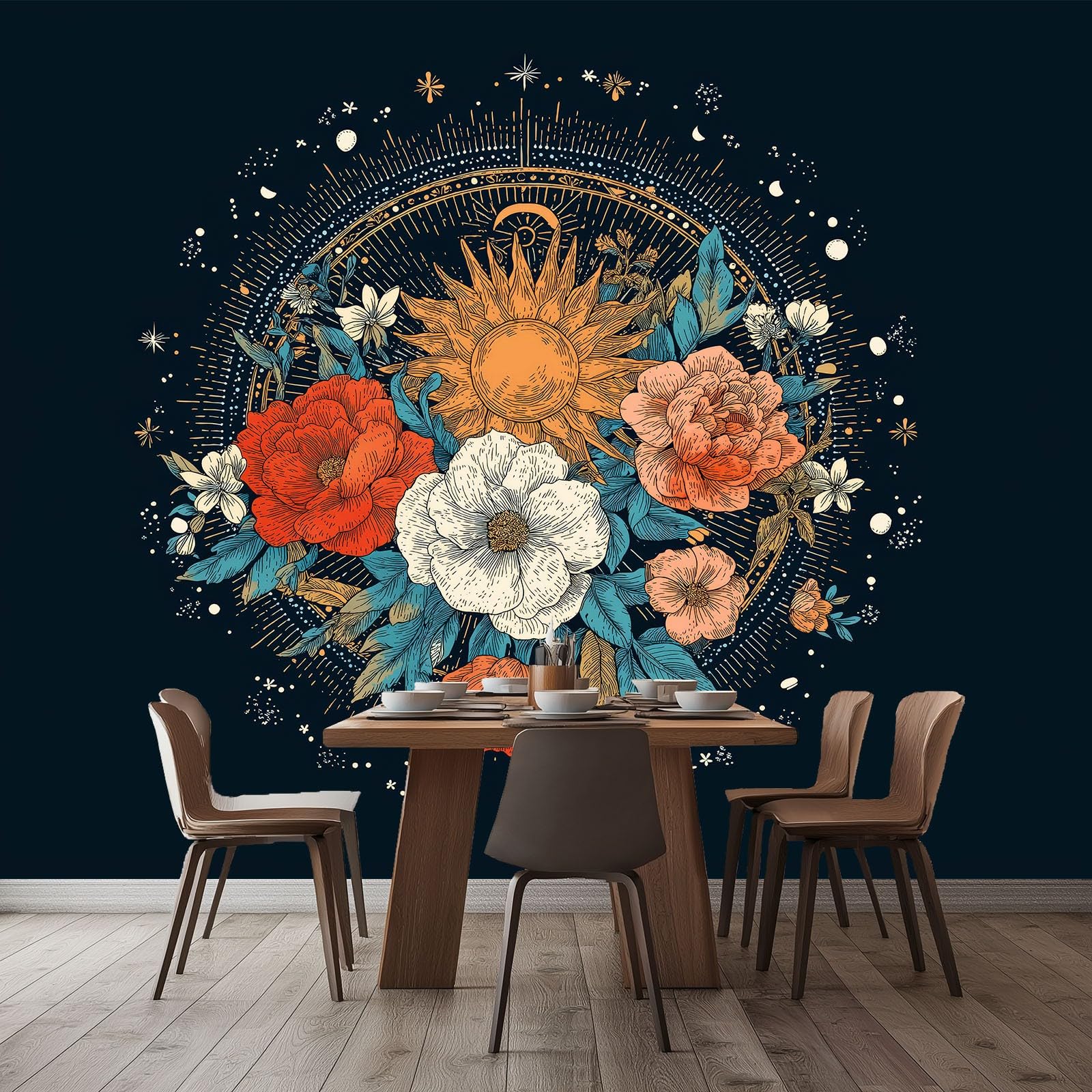 WTD - Carta da parati fotografica 400 x 280 cm (larghezza x altezza) corpo celeste arte sole fiori stelle effetto 3D di alta qualità XXL moderna decorazione da parete in tessuto non tessuto, per