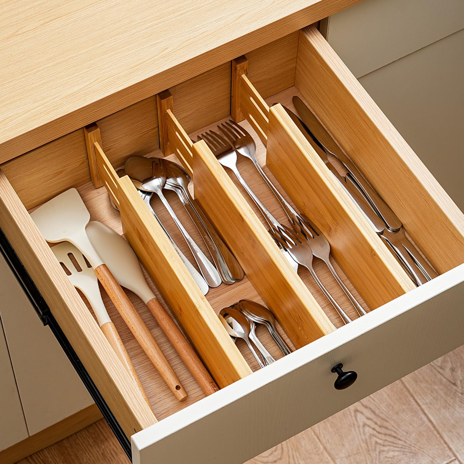 Fabsome Confezione da 6 organizer per cassetti, altezza 1,65 cm, regolabili da 43 a 55 cm, divisori per cassetti in bambù per abbigliamento per bambini, separatori in legno per cassettiera,