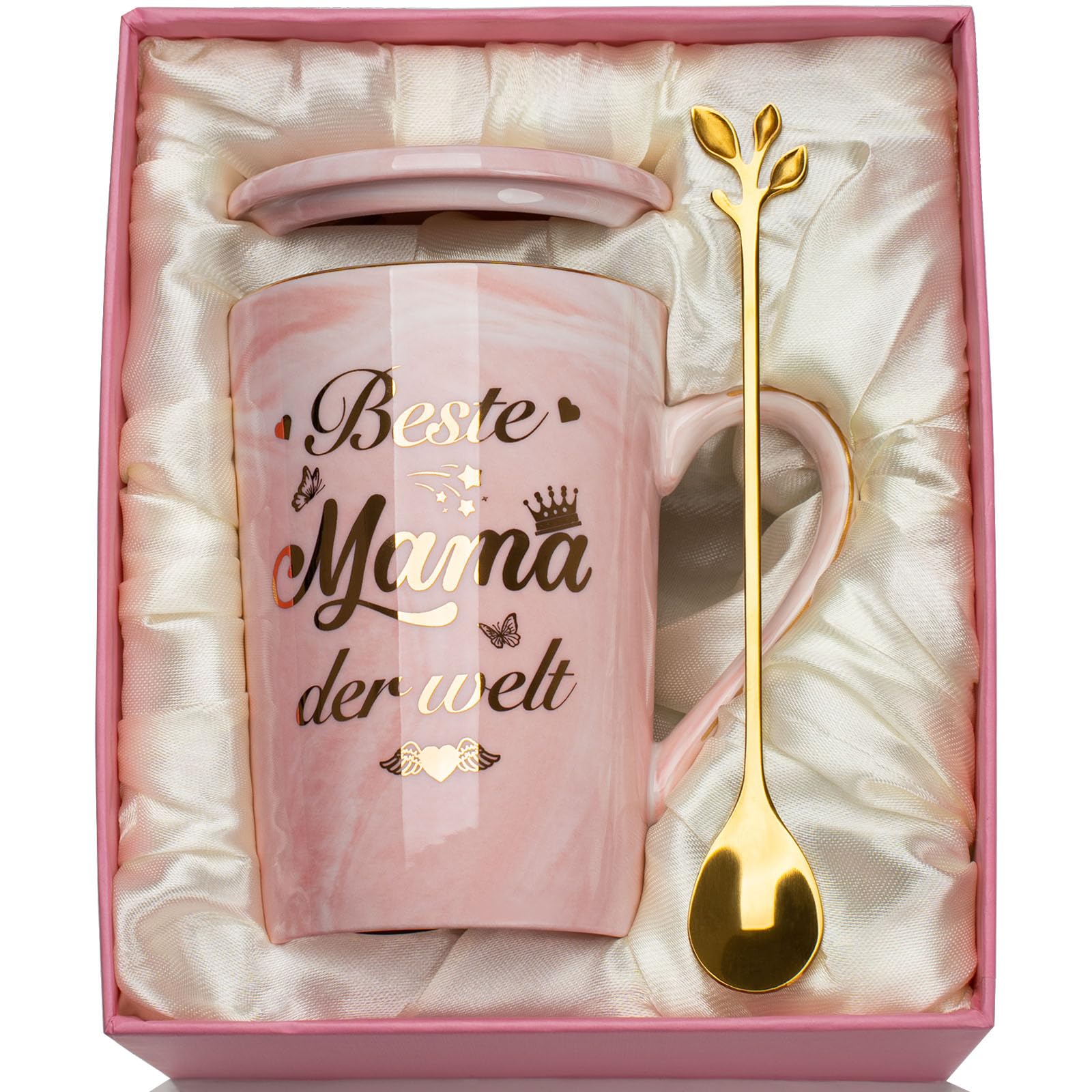 Marmor Keramik Kaffeetasse Tasse Geschenk, 400ml, Blätter Löffel, Geschenkbox, Grußkarte
