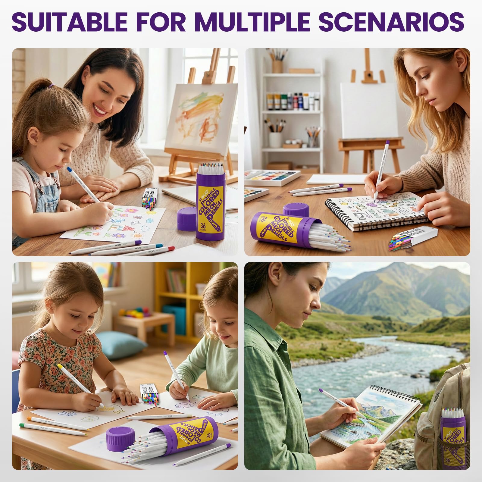 WUO Löschbare mechanische Buntstifte, 36 Farben, 3,0 mm, nachfüllbares Farbstift-Set mit 36 Minen, Spitzer und Etui für Malbücher, Zeichnen, Skizzieren, Kinder und Anfänger